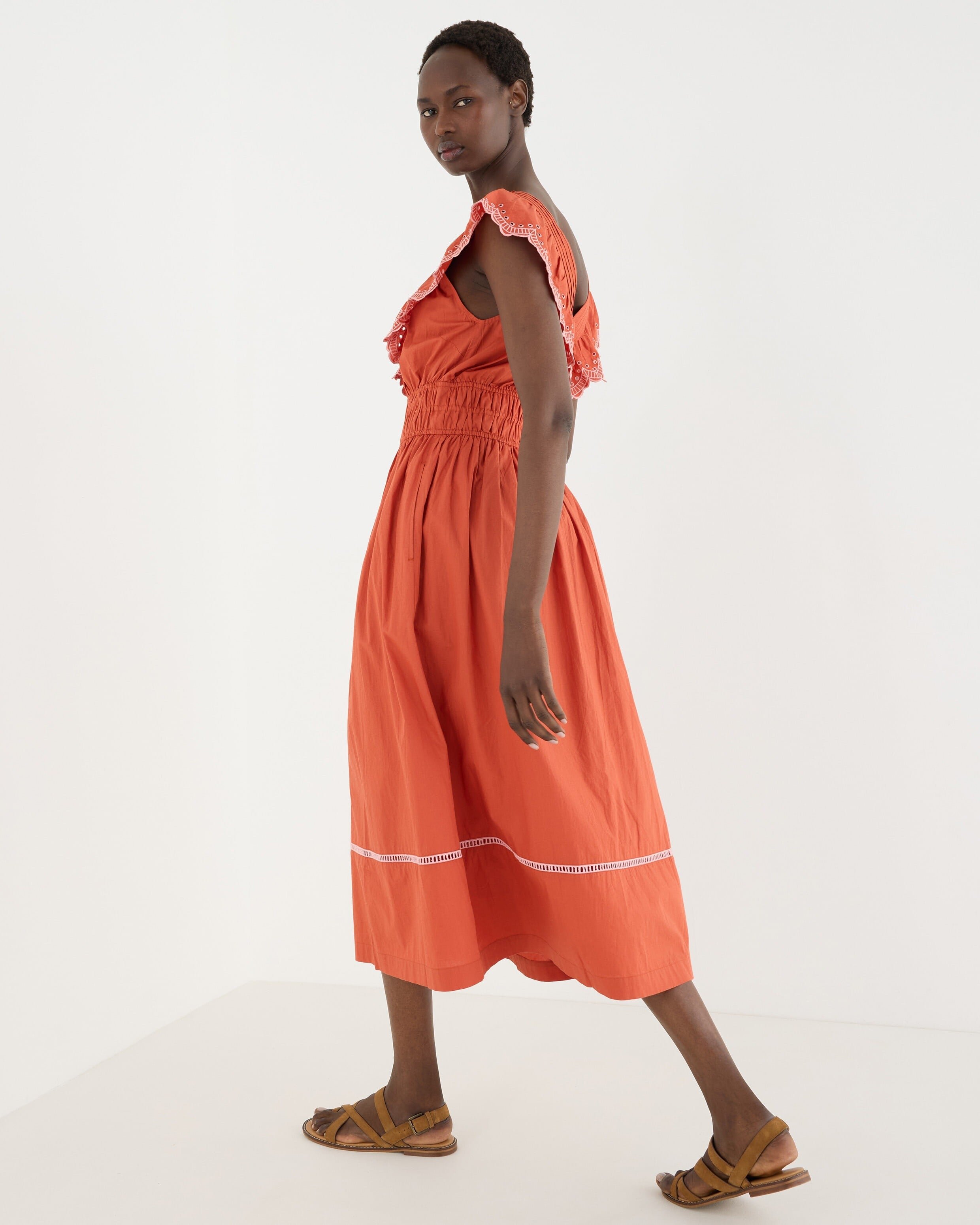Rust Broderie Frill V-Neck Cotton Midi Dress | Oliver Bonas