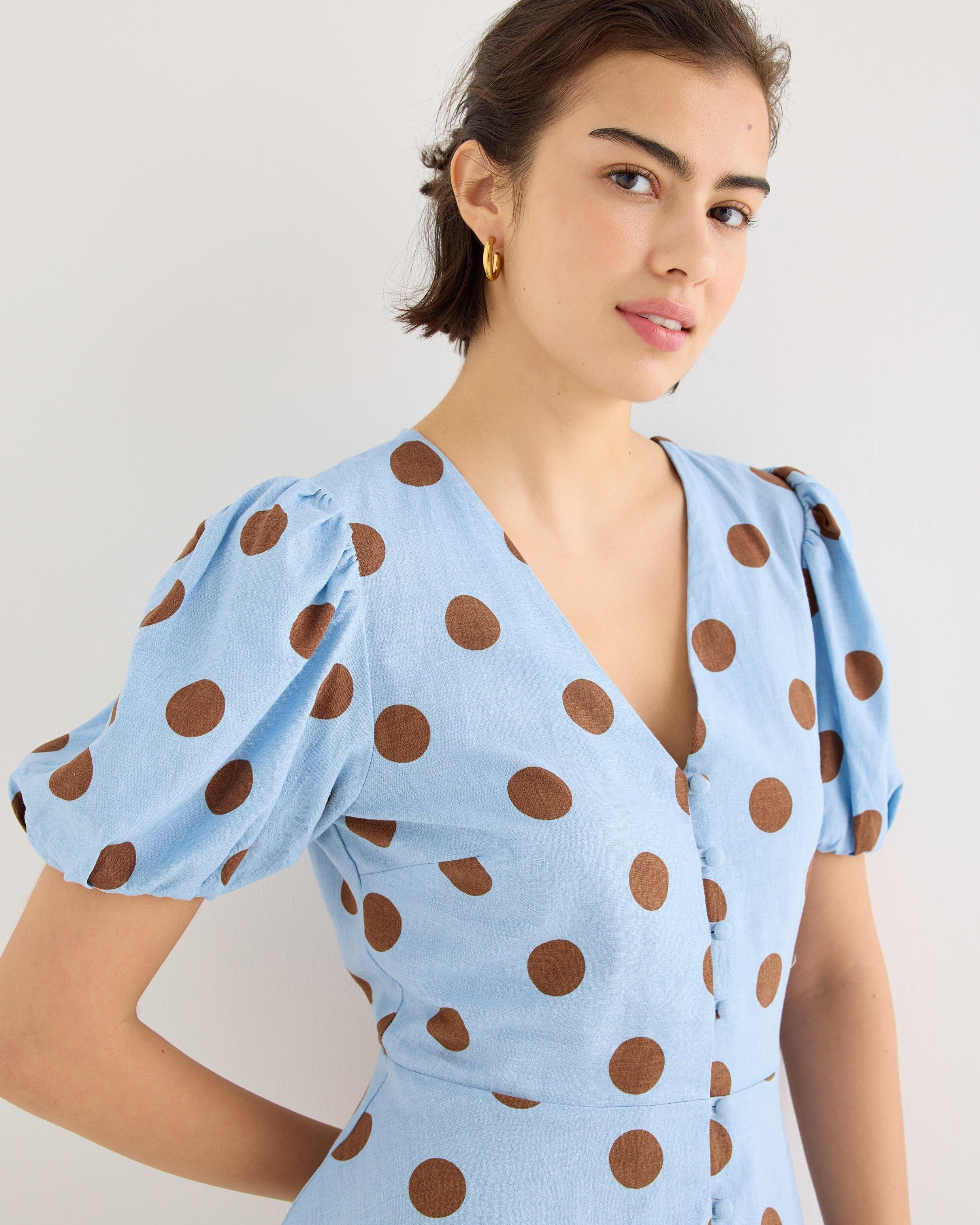 Light Blue & Brown Polka Dot Linen Blend Mini Dress | Oliver Bonas Light Blue & Brown Polka Dot Linen Blend Mini Dress | Oliver Bonas