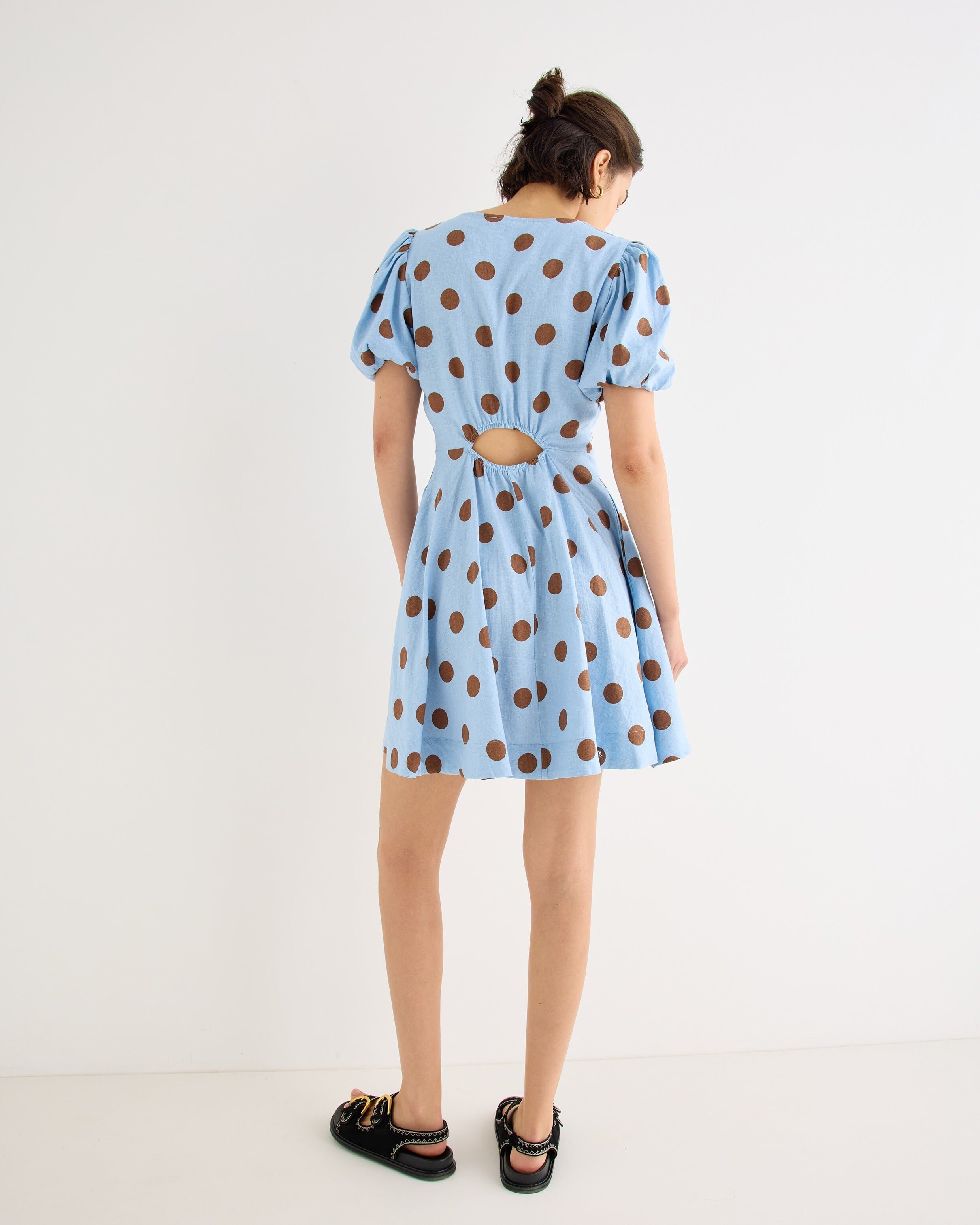 Light Blue & Brown Polka Dot Linen Blend Mini Dress | Oliver Bonas