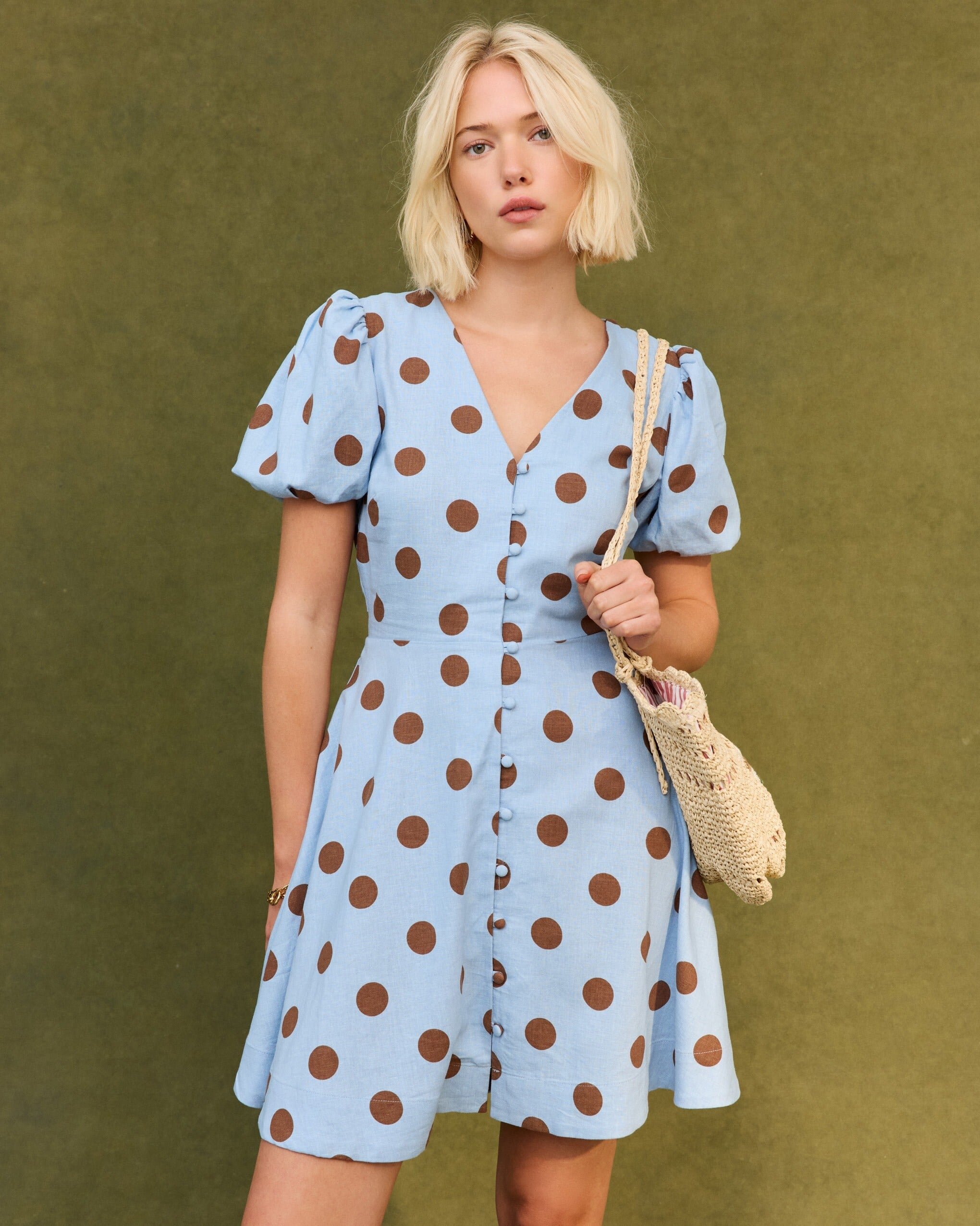 Light Blue & Brown Polka Dot Linen Blend Mini Dress