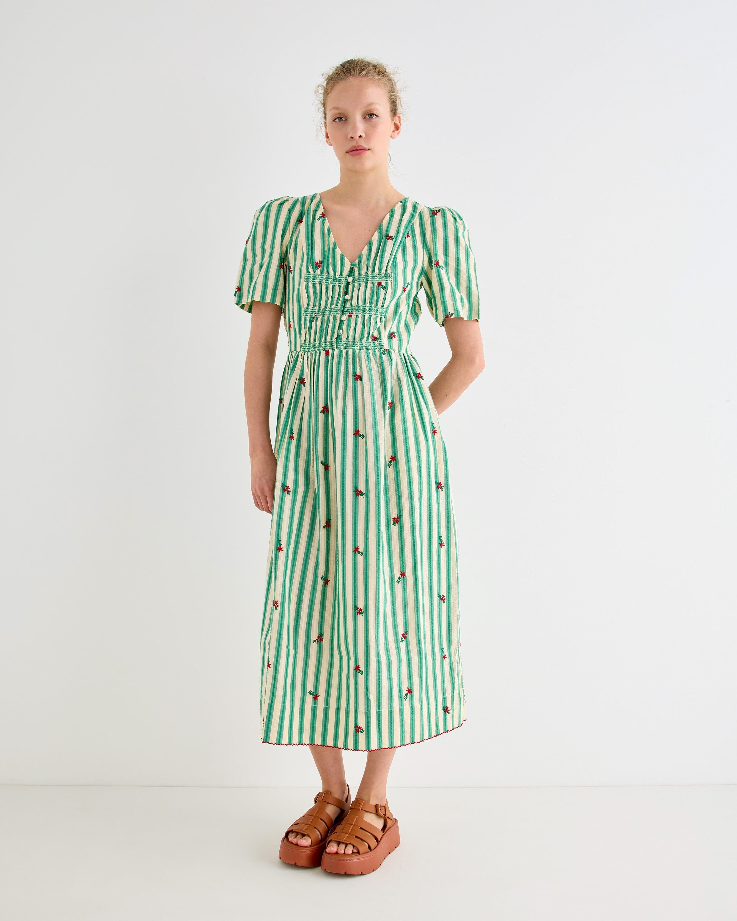 slim fit dress slacks Green And Cream Printed Short Sleeve Wrap Over Midi Dress – AX Paris