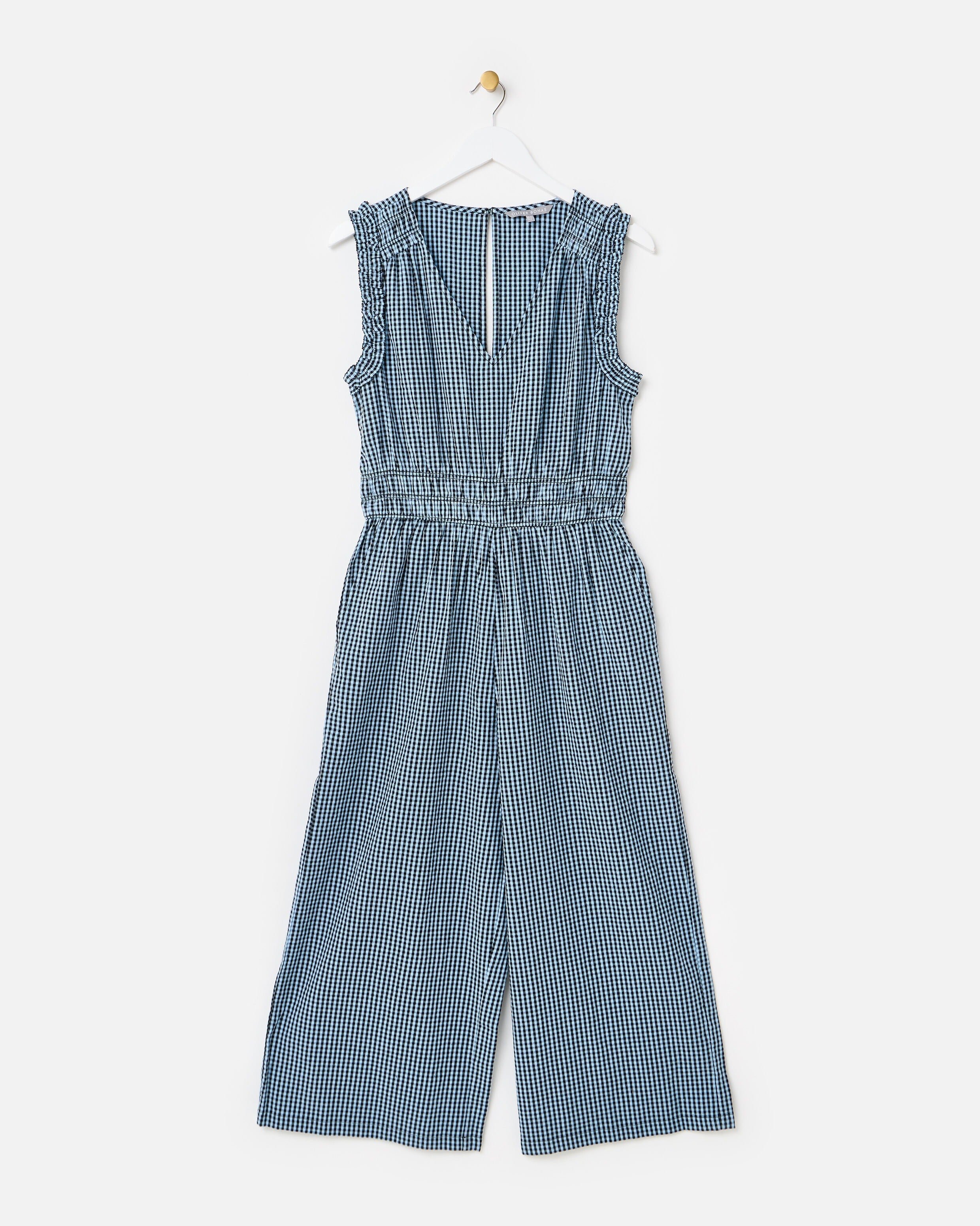 Blue & Black Gingham Sleeveless Cotton Jumpsuit | Oliver Bonas