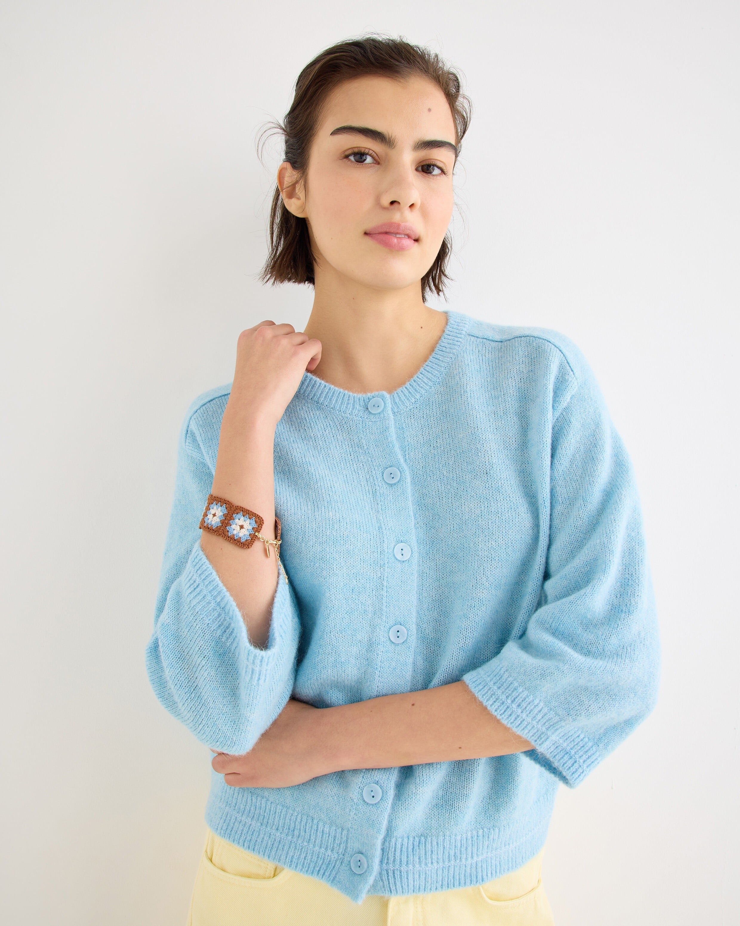Blue Button Up 3/4 Sleeve Knitted Cardigan | Oliver Bonas