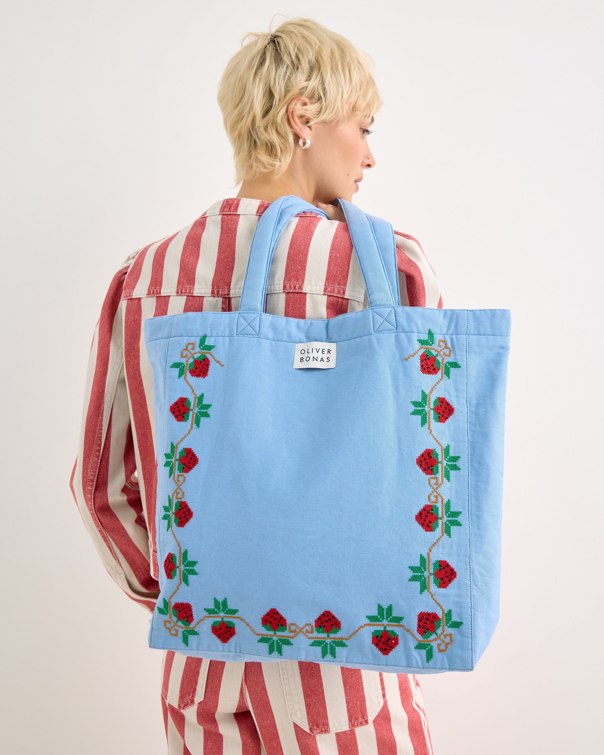Light Blue Strawberry Cross Stitch Tote Shopper Bag | Oliver Bonas