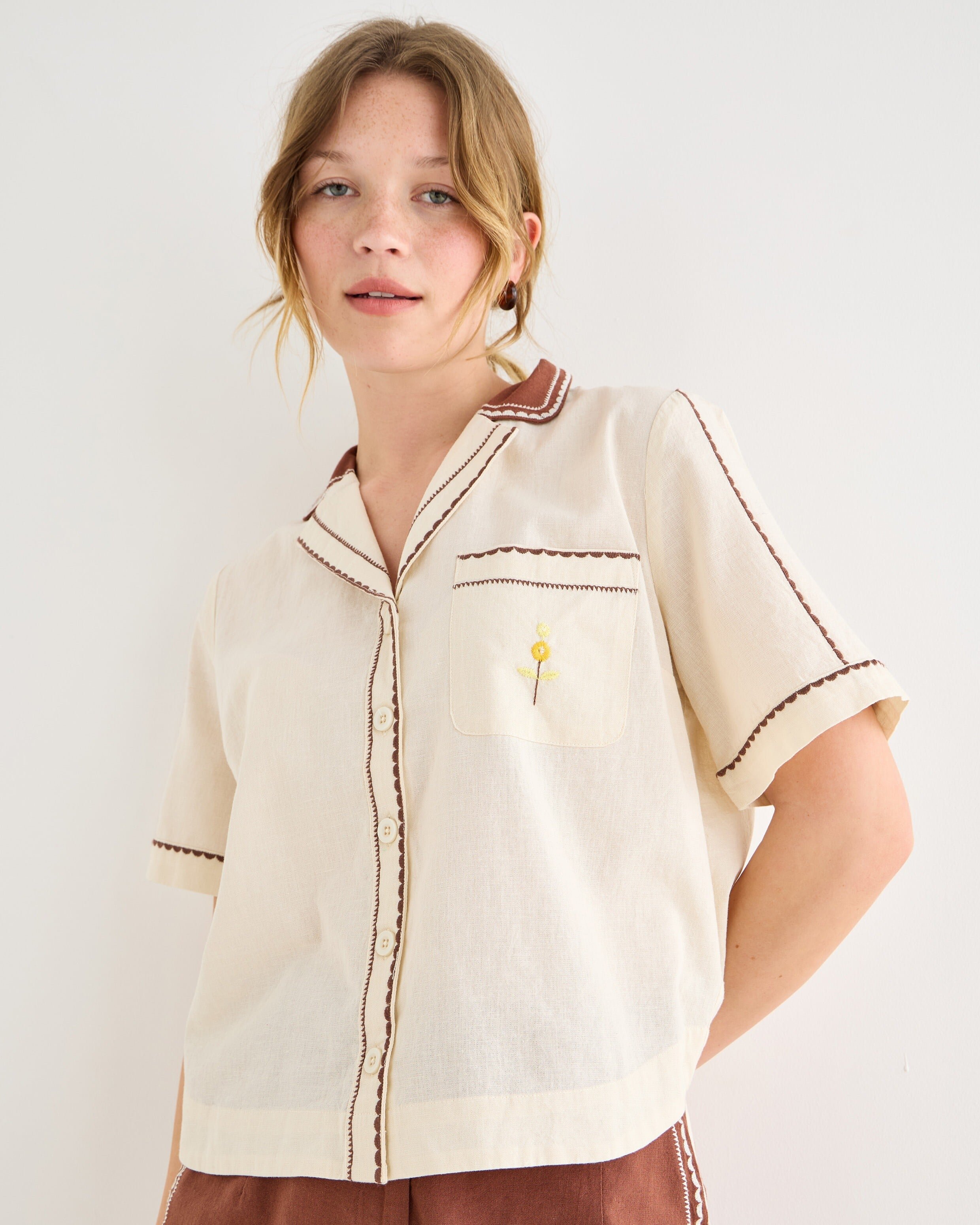 Ecru & Brown Embroidered Short Sleeve Shirt | Oliver Bonas