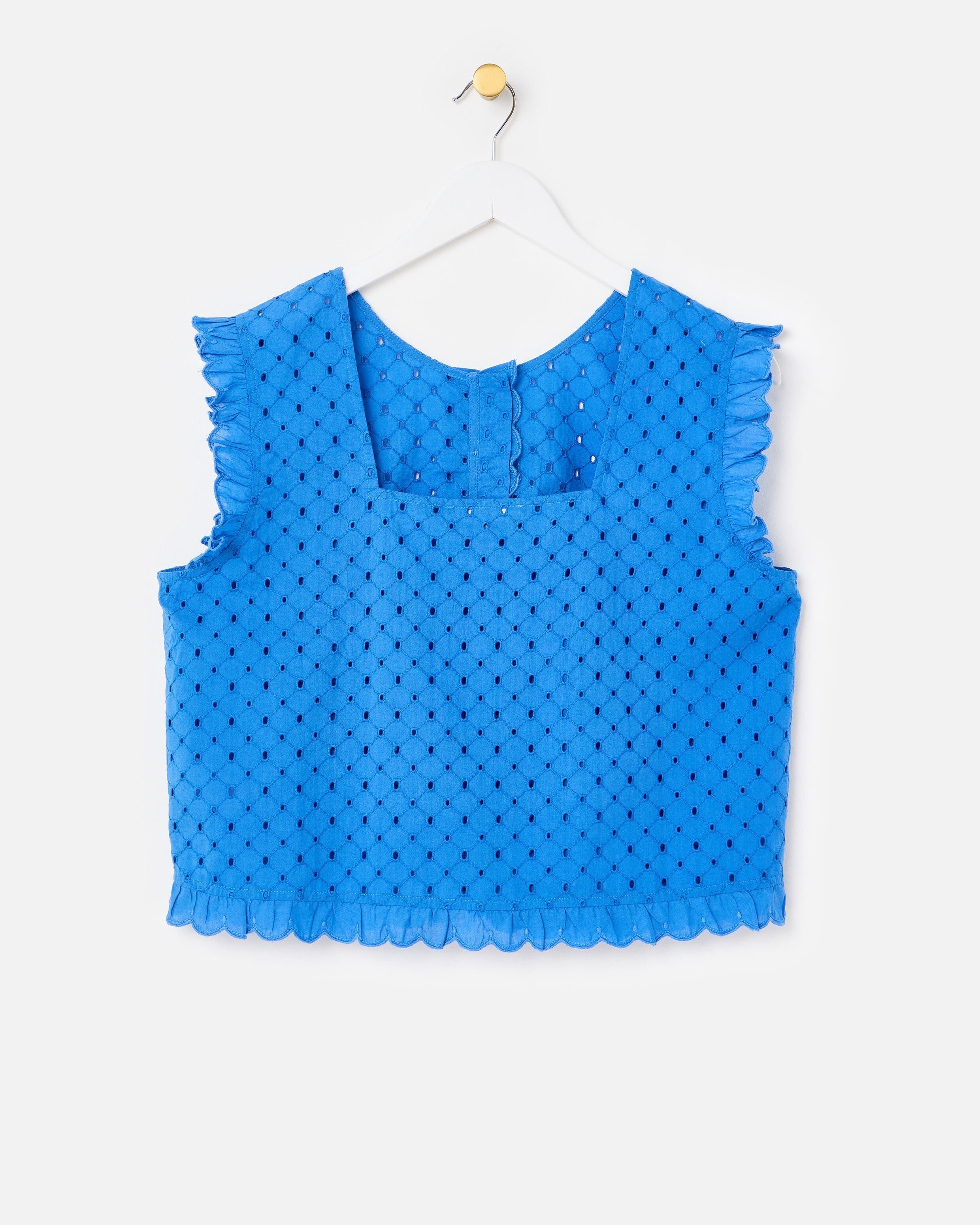 Cobalt Blue Broderie Frill Sleeveless Top | Oliver Bonas