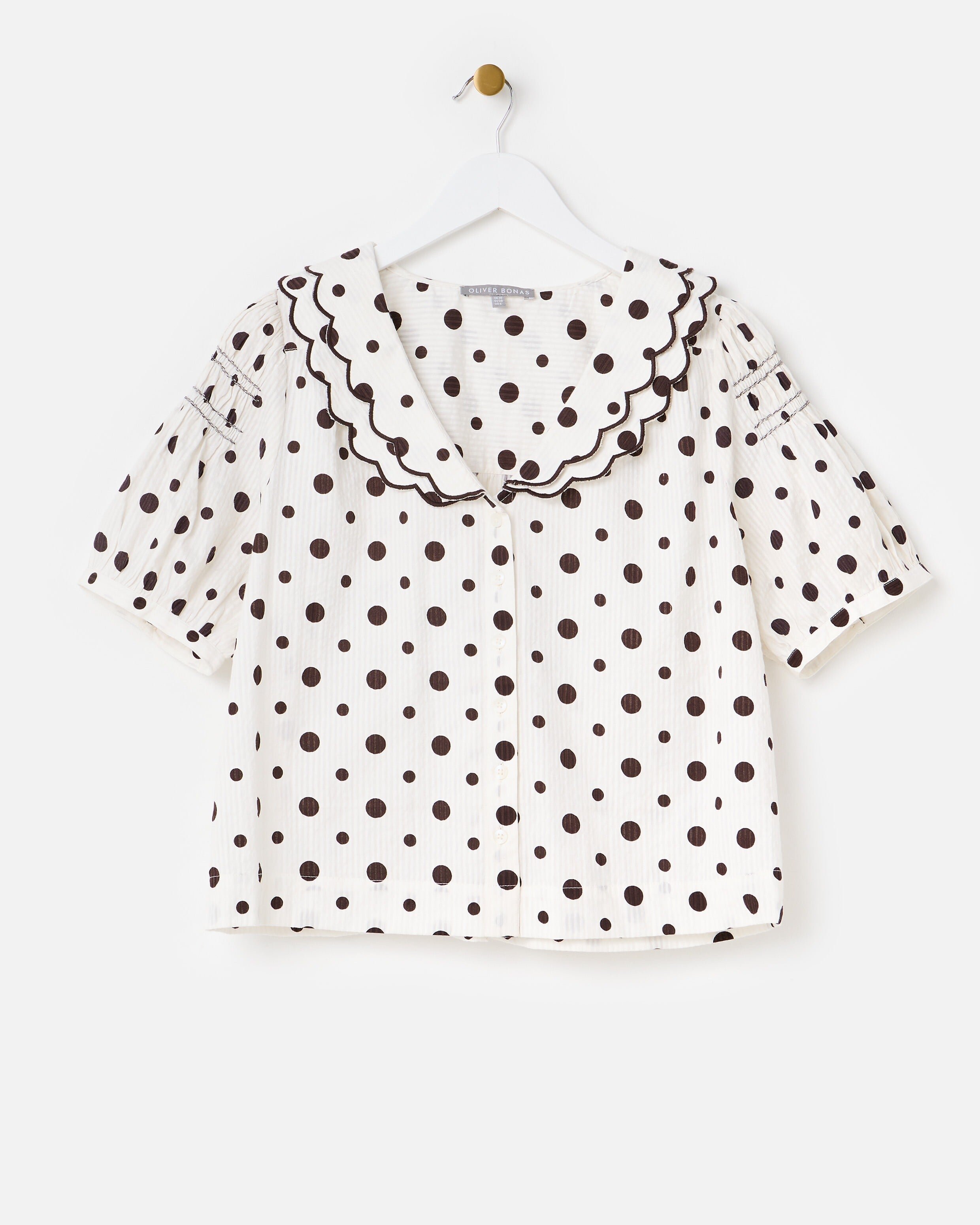 White & Brown Polka Dot Frill Collar Blouse | Oliver Bonas