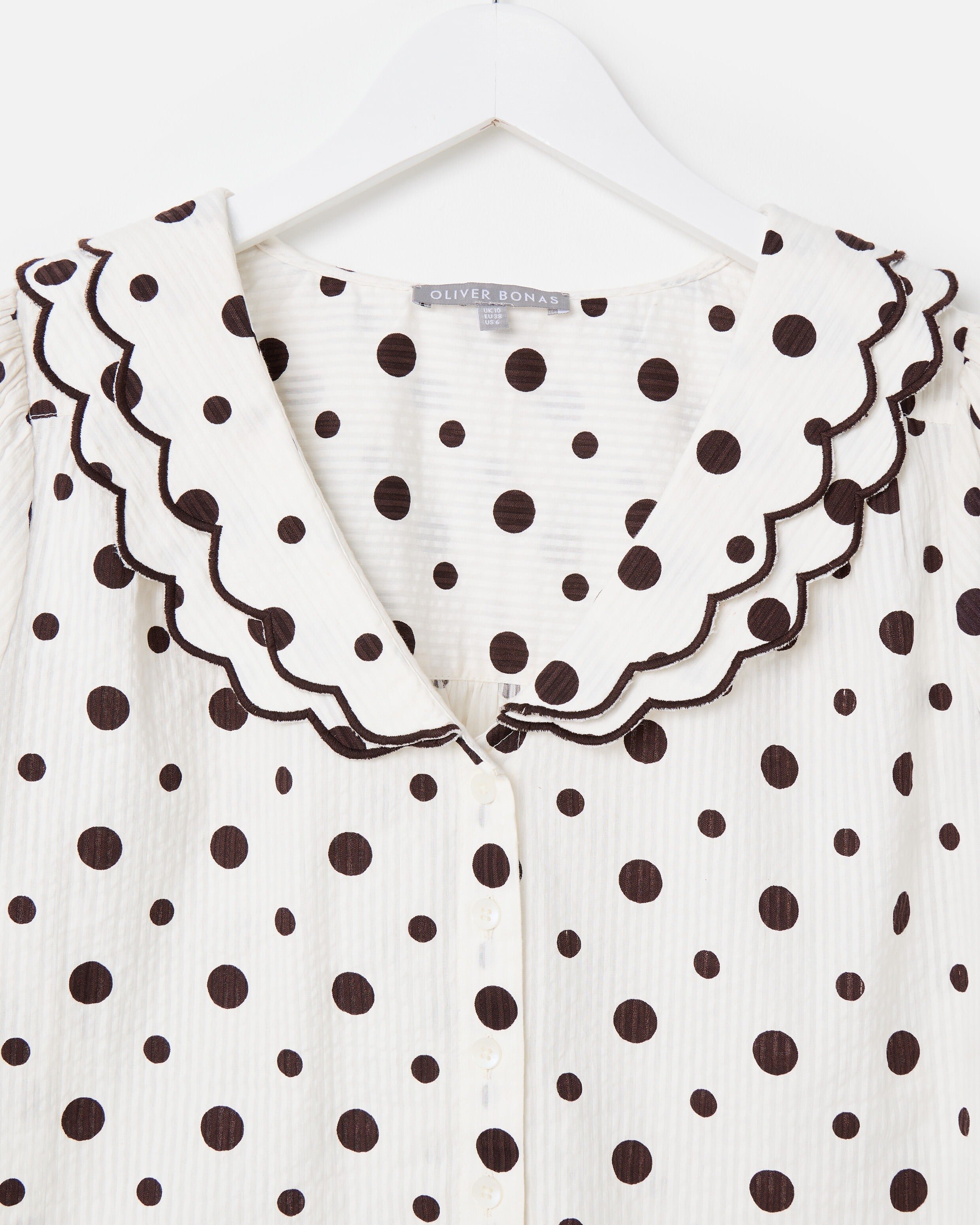 White & Brown Polka Dot Frill Collar Blouse | Oliver Bonas