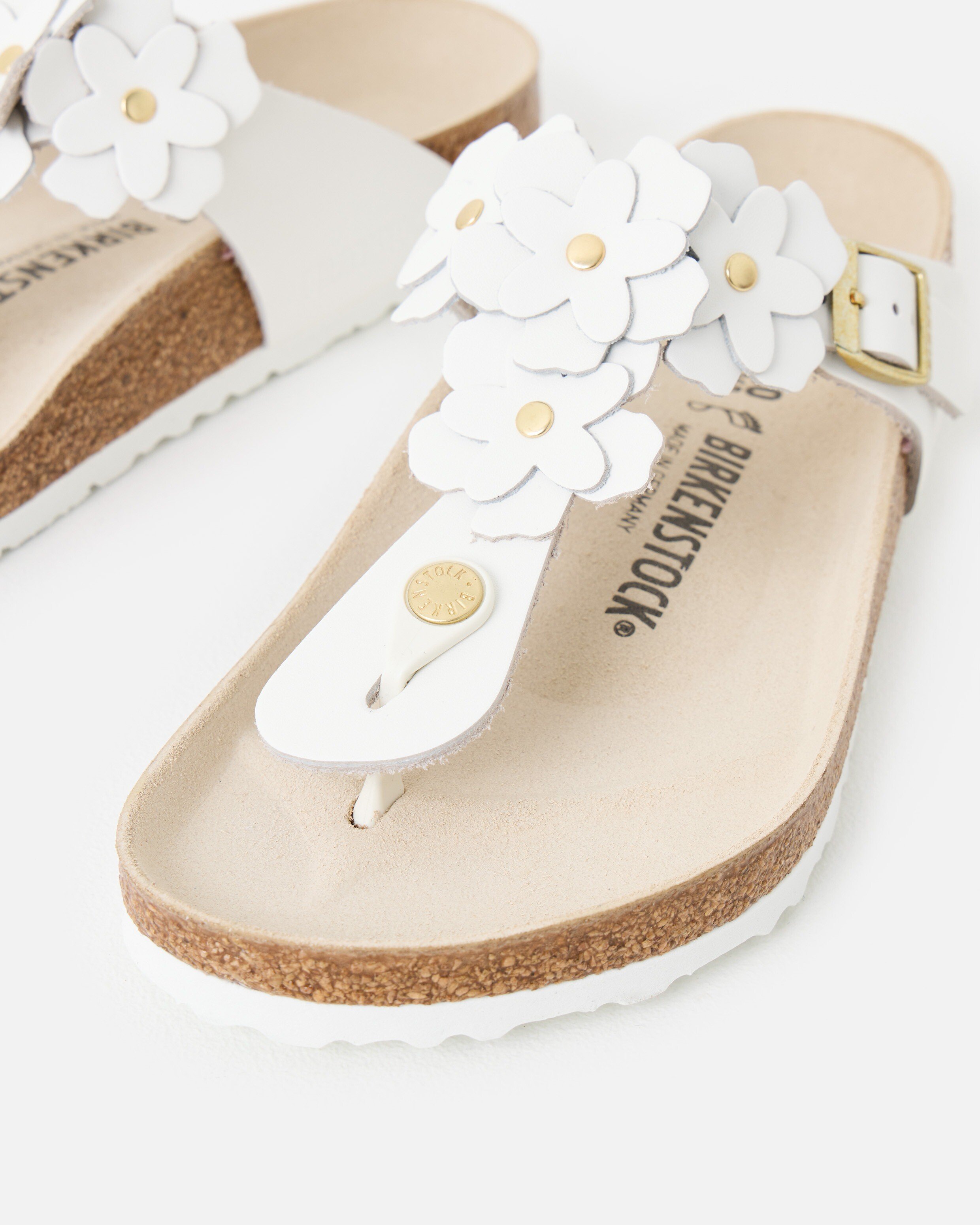 Birkenstock Gizeh White Flower Embellishment Leather Sandals