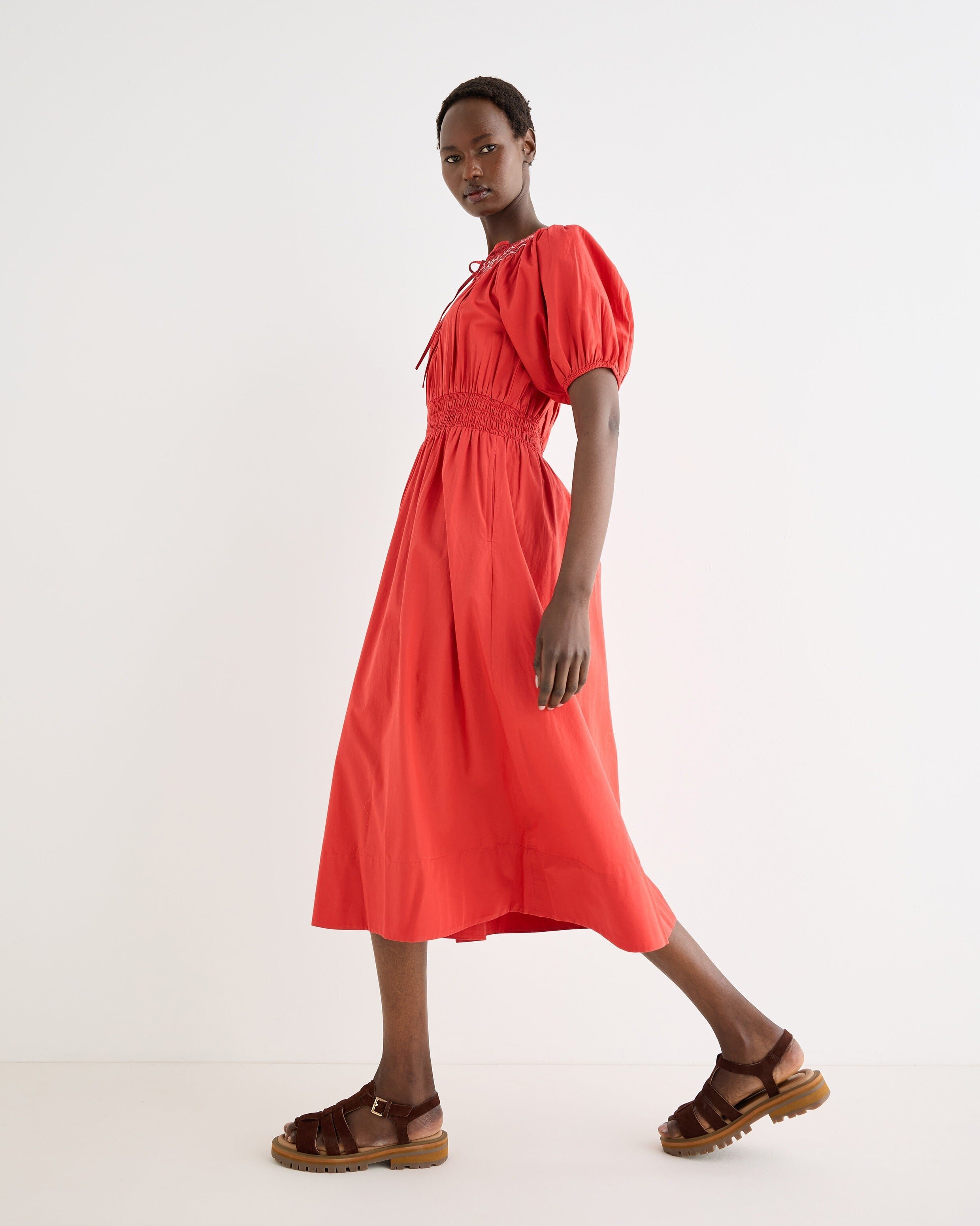 red smock midi dress Malinda Ls Smocked Midi Dress- Red