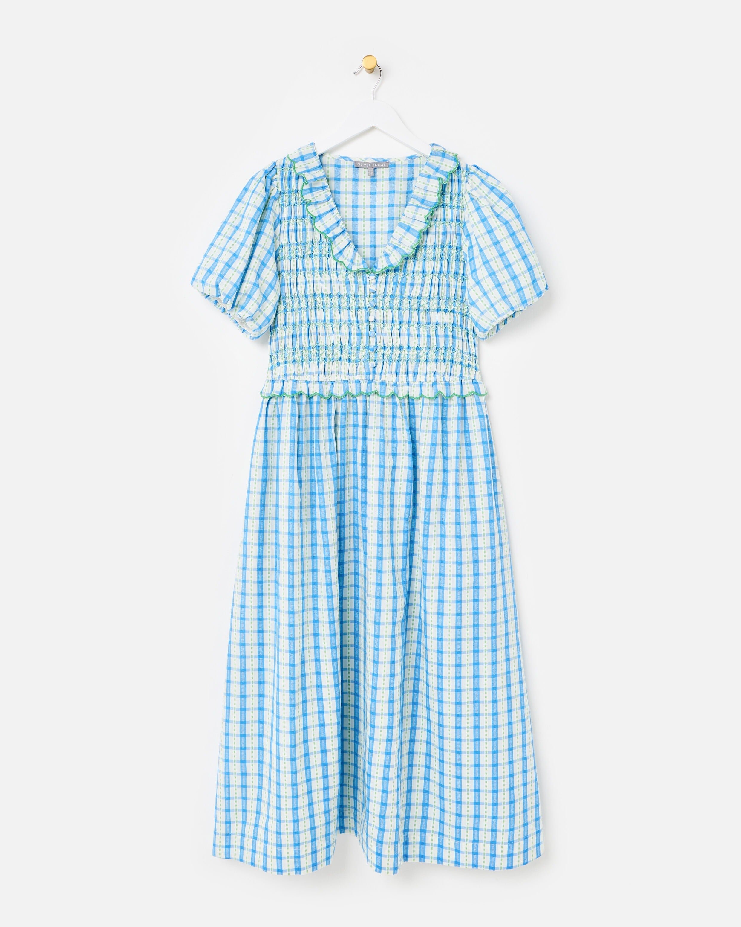 Blue & White Checked Shirred Bodice Midi Dress | Oliver Bonas