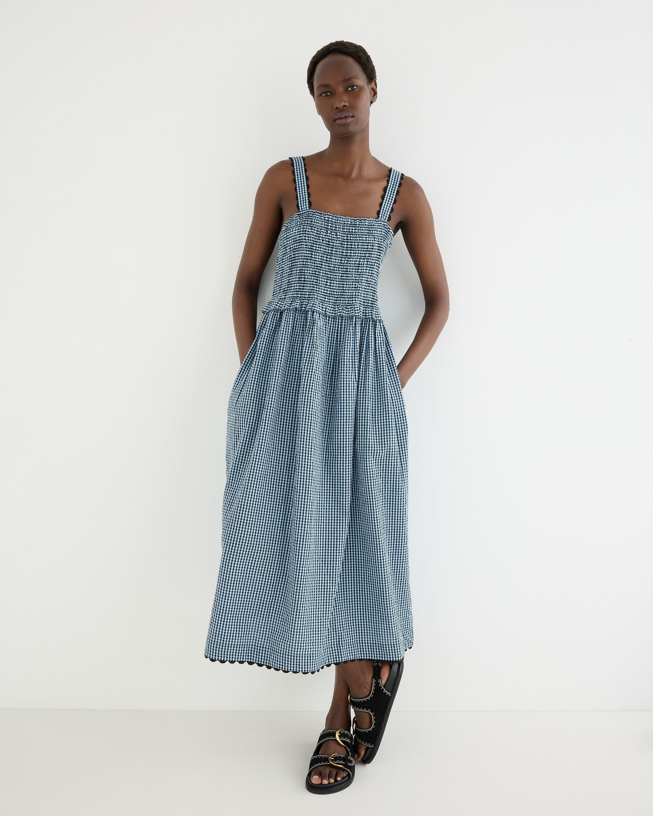 Blue & Black Gingham Strappy Cotton Midi Dress | Oliver Bonas