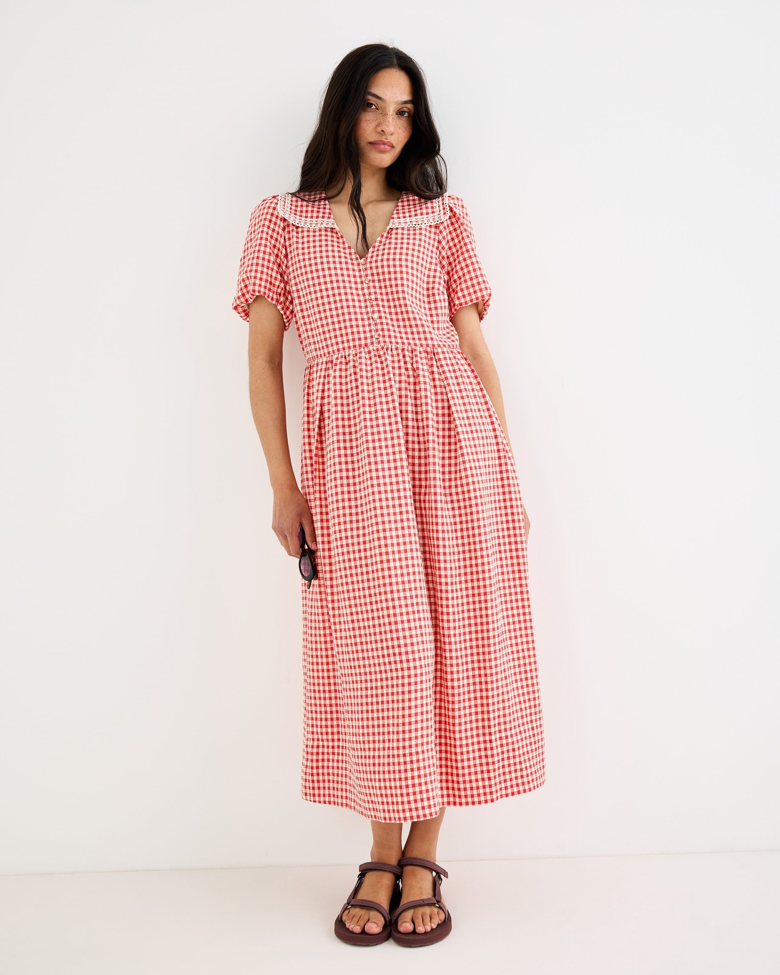 Red & White Gingham Sailor Collar Midi Dress | Oliver Bonas IE