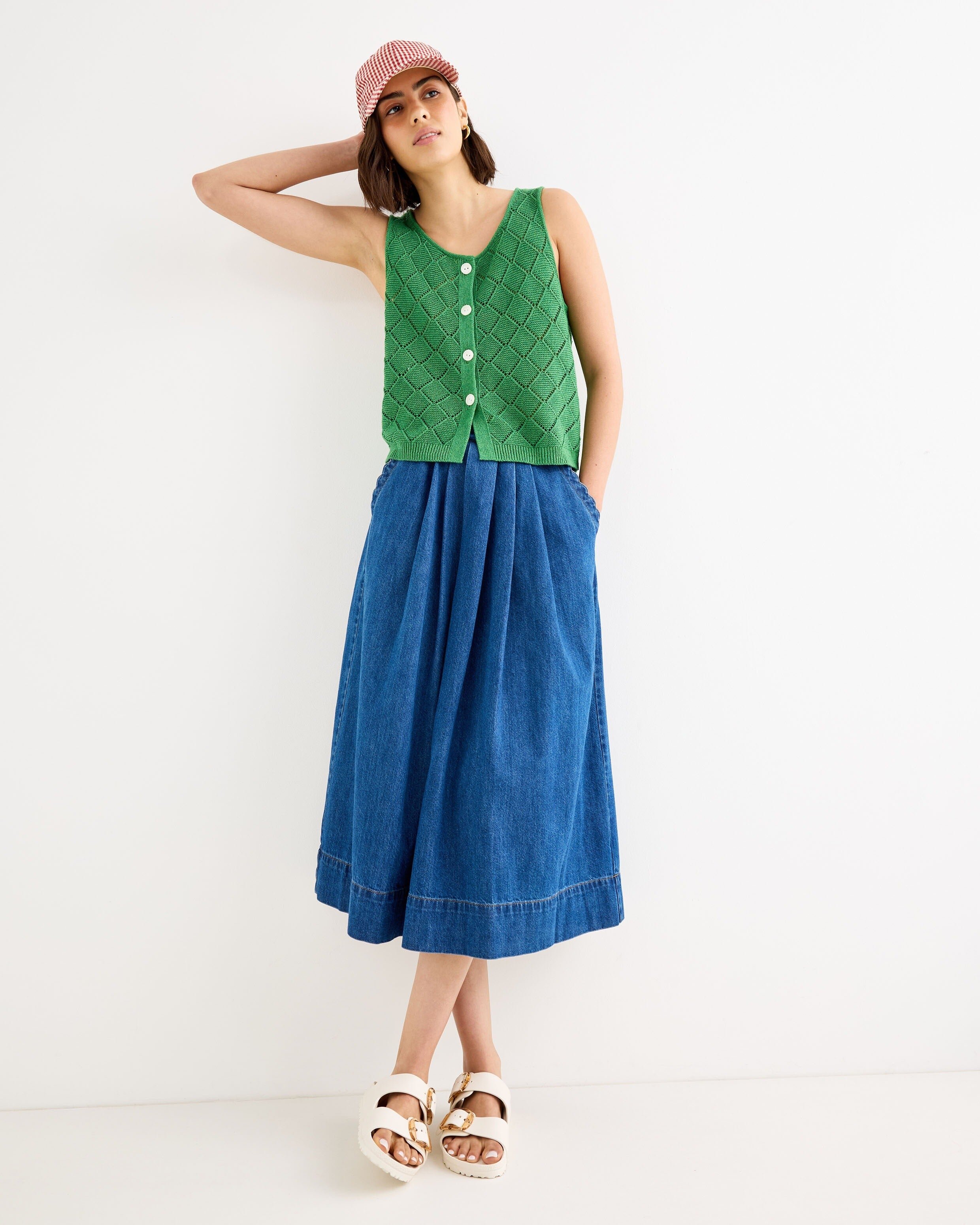 Mid Blue Scalloped Pocket Denim Midi Skirt | Oliver Bonas