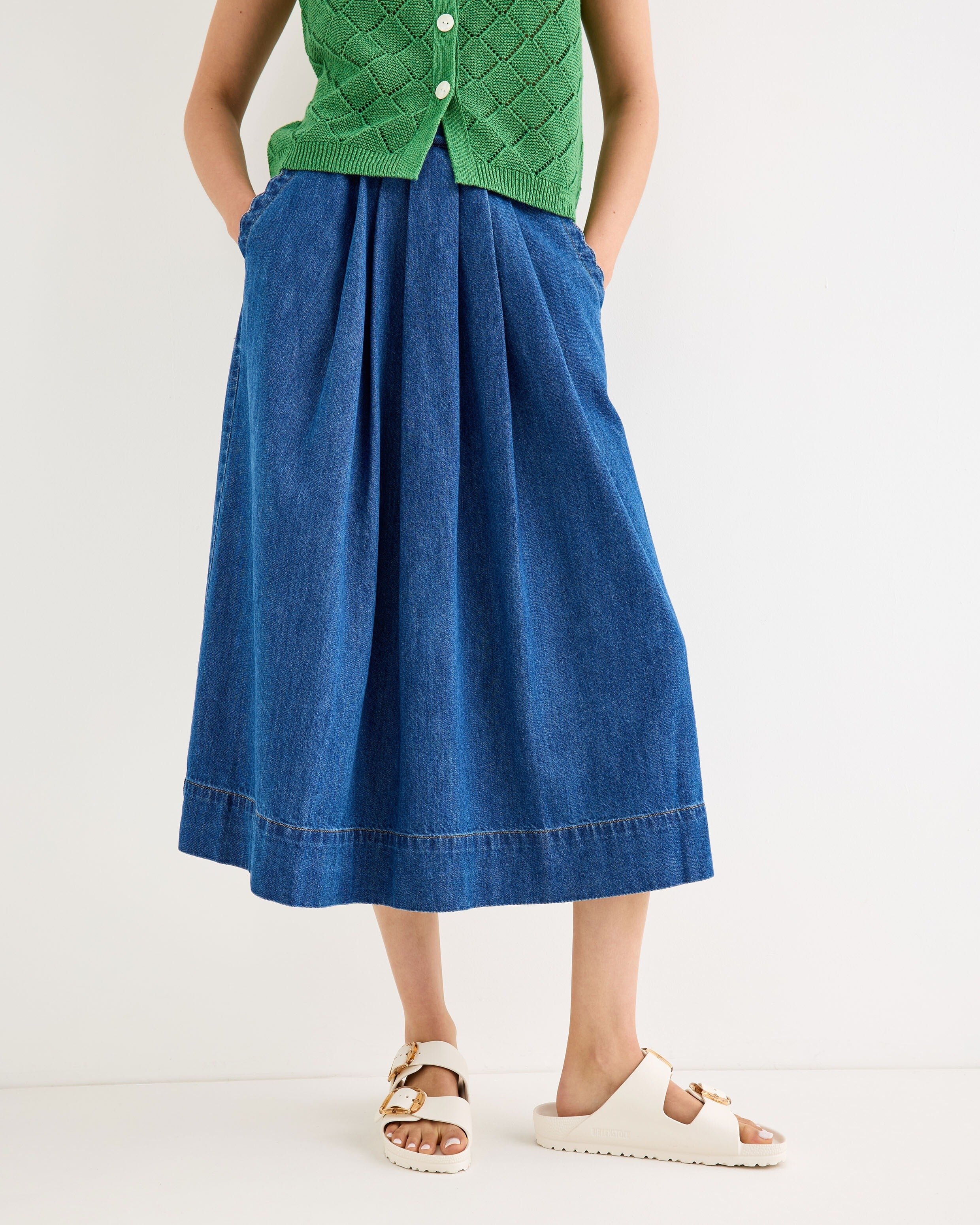 Mid Blue Scalloped Pocket Denim Midi Skirt | Oliver Bonas