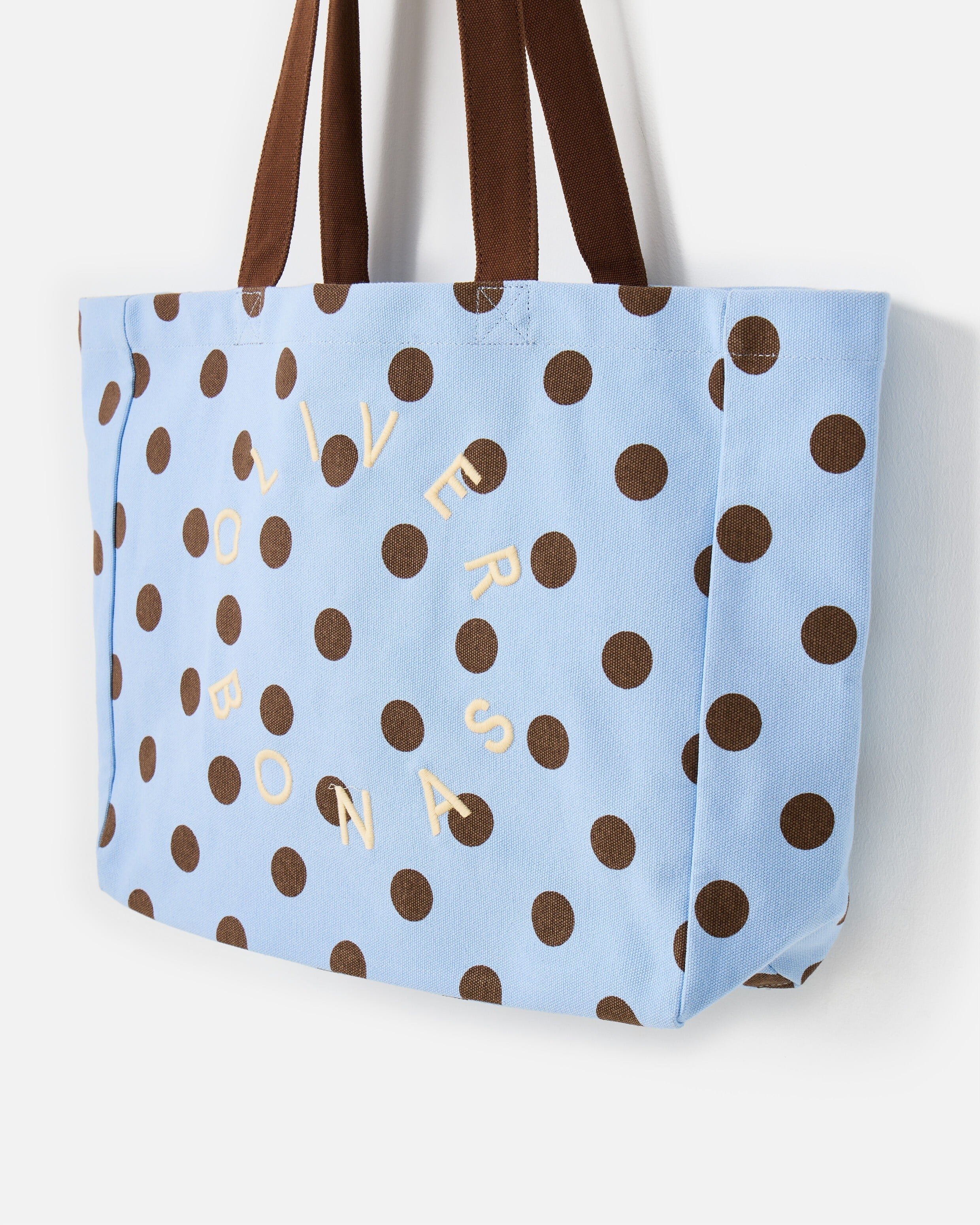 Light Blue & Brown Polka Dot Logo Fabric Tote Shopper Bag | Oliver