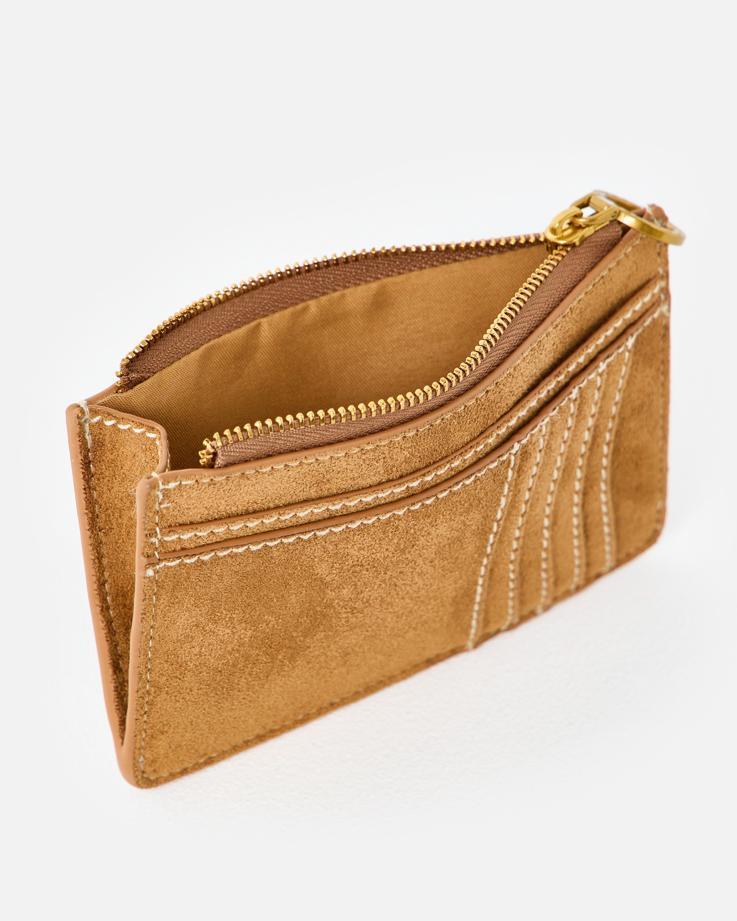 Rowan Tan Faux Suede Zipped Card Holder | Oliver Bonas