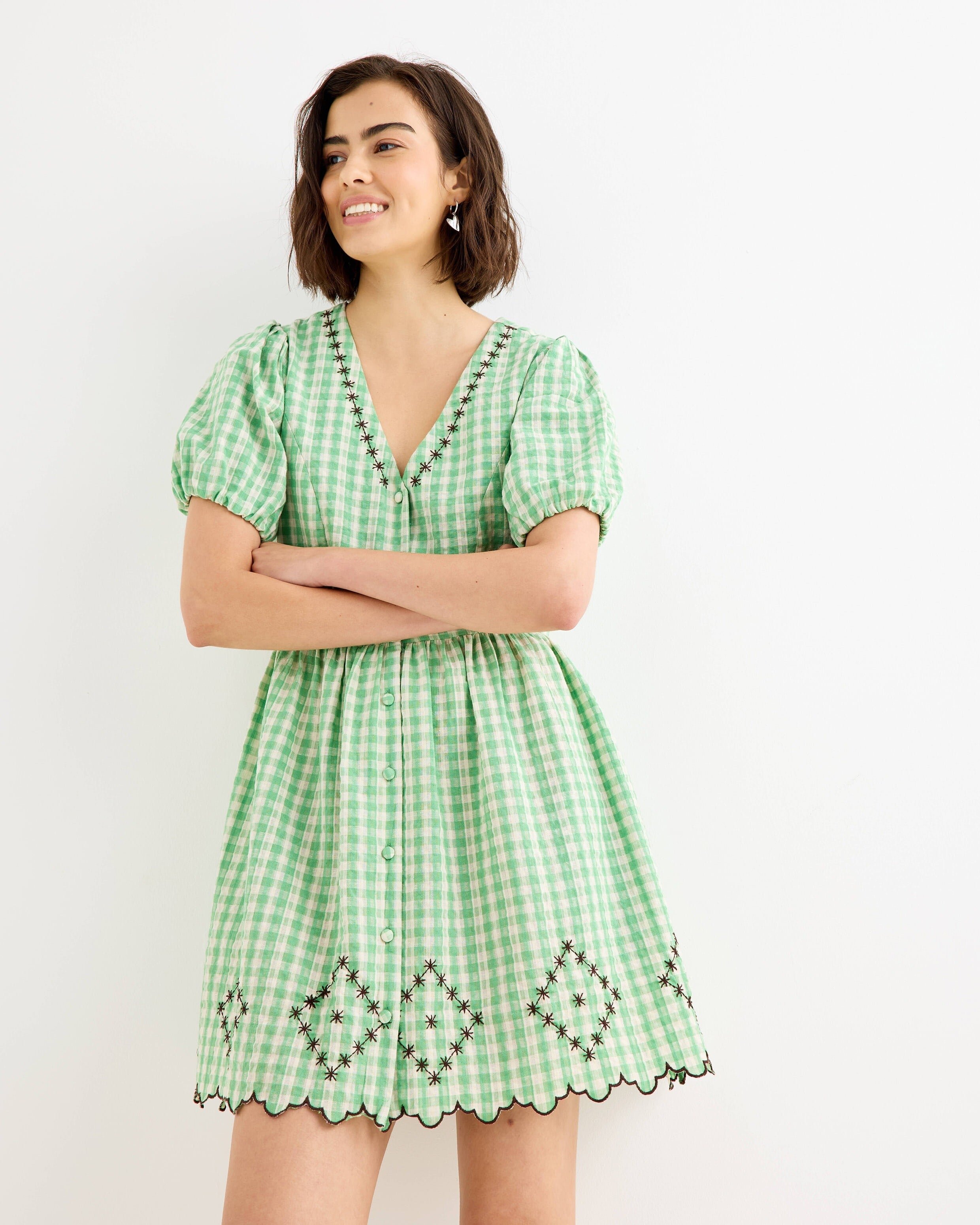 embroidered floral green gingham mini delaney dress Embroidered Floral Green Gingham Mini Delaney Dress