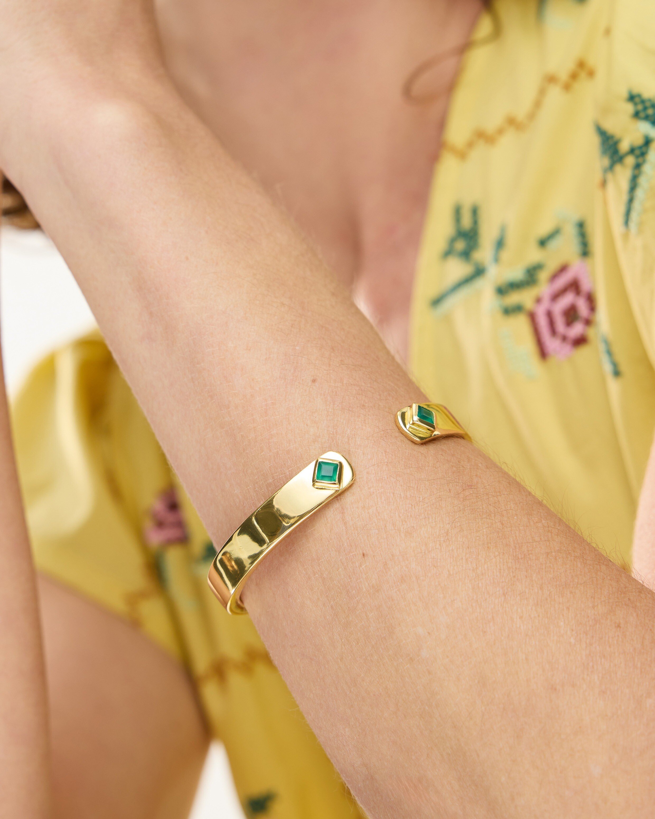 Kya Green Onyx Diamond Inlay Gold Plated Bangle | Oliver Bonas