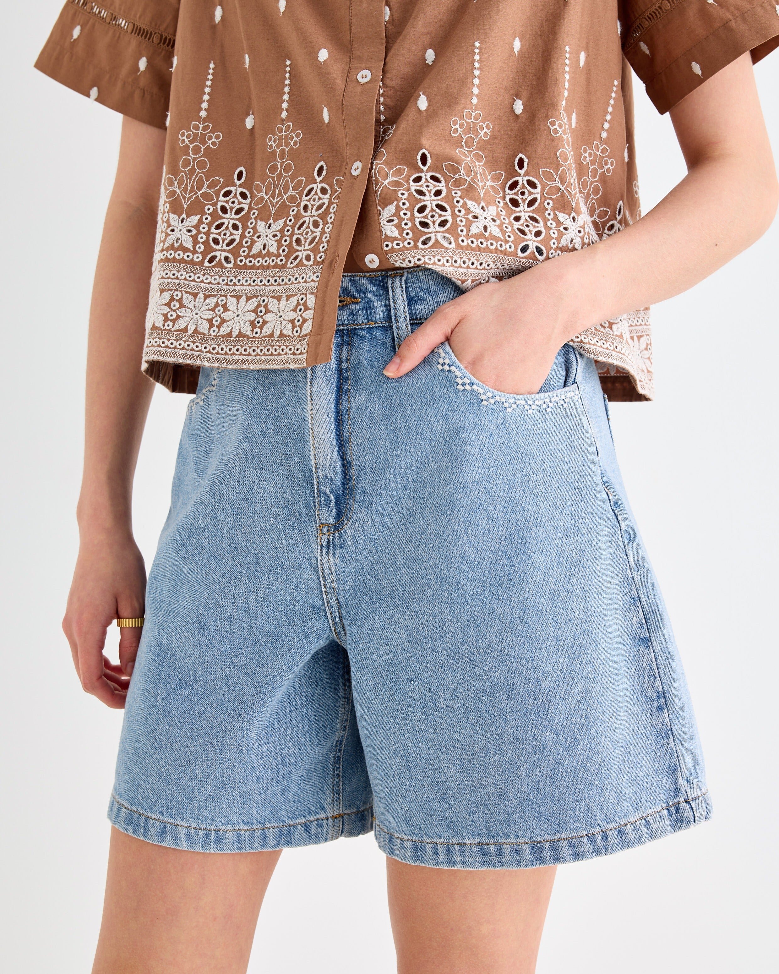 Light Blue Embroidered Pocket Denim Shorts | Oliver Bonas