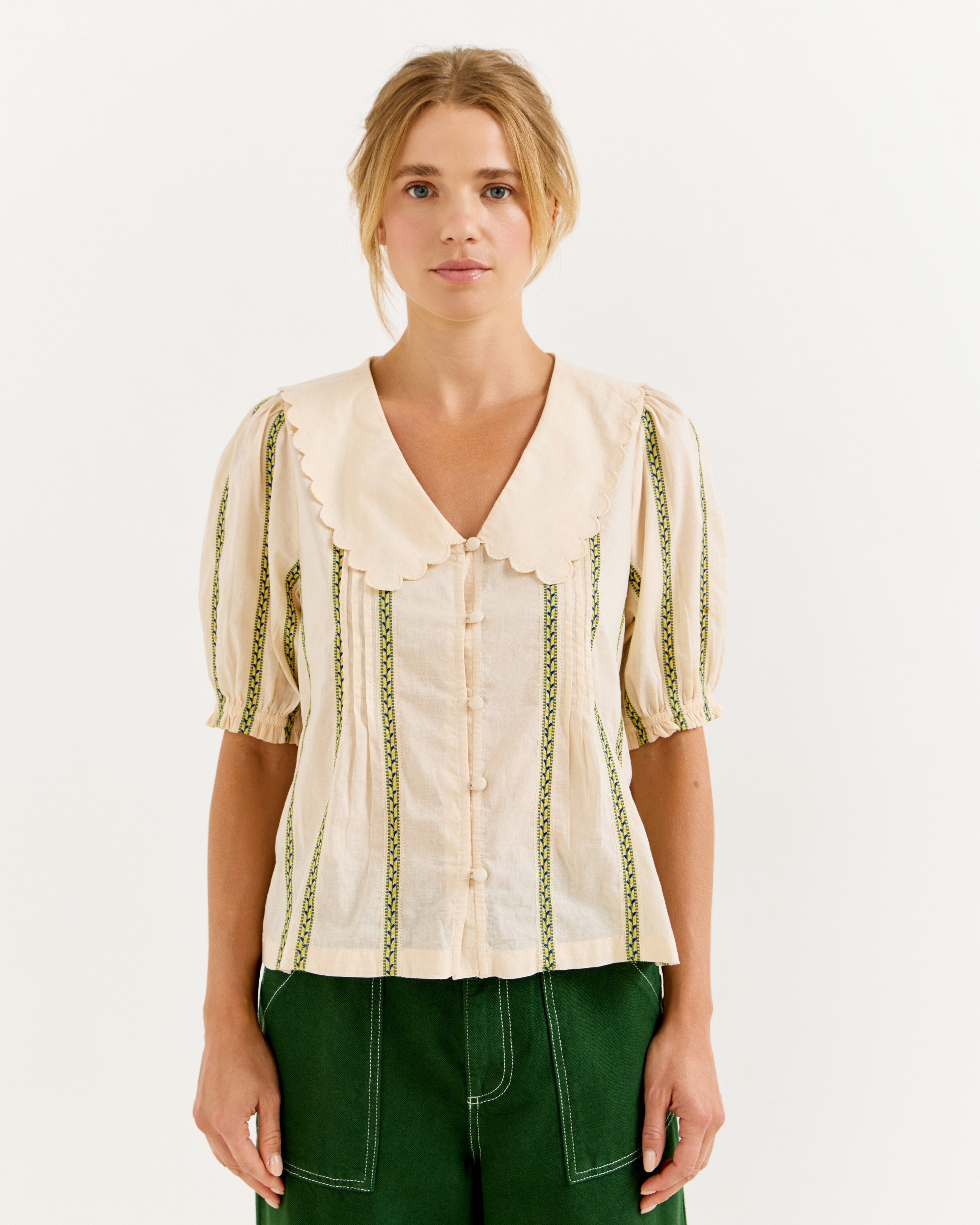 Cream Embroidered Striped Scalloped Collar Blouse | Oliver Bonas