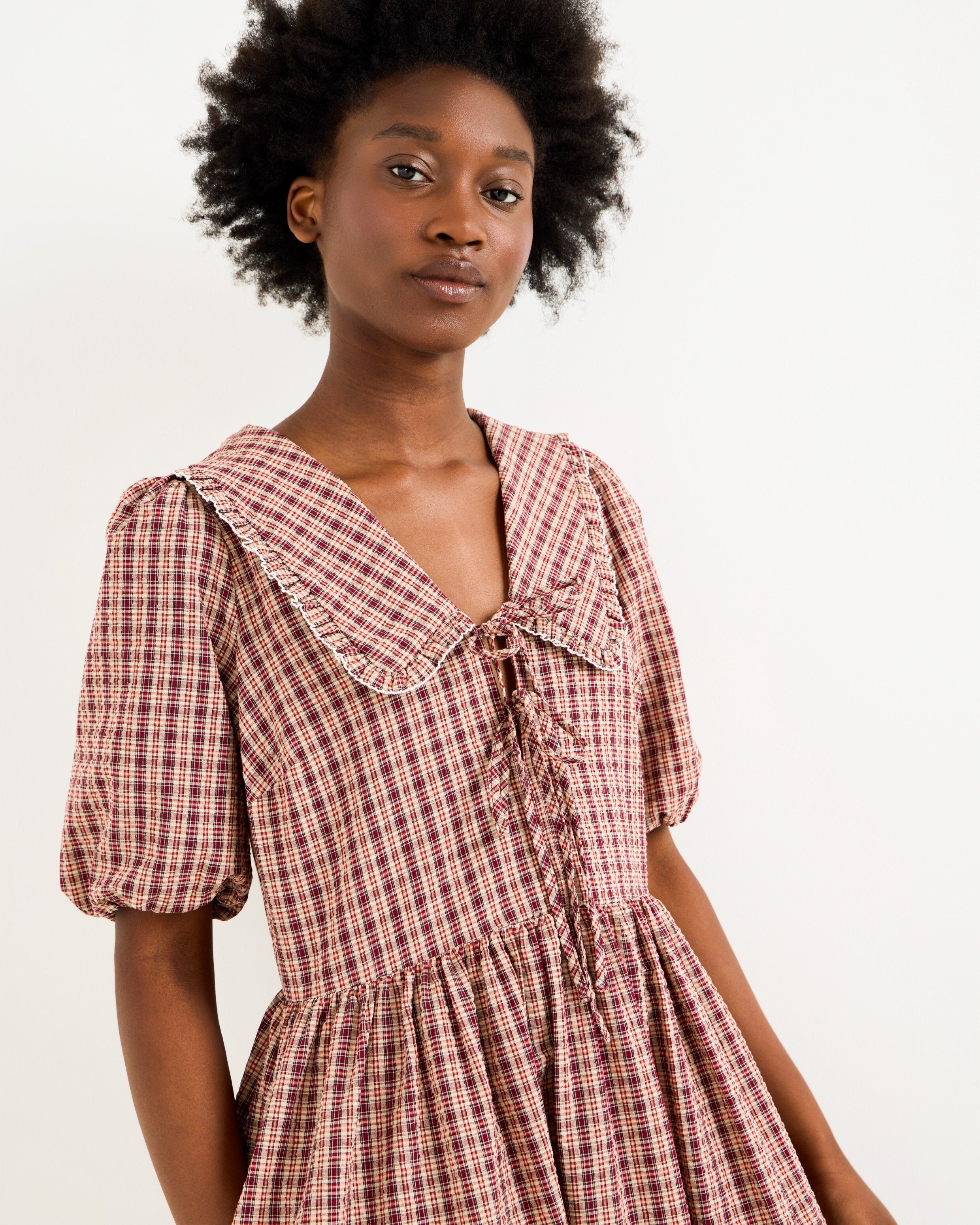 Red & Brown Checked Frill Collar Tie Front Midi Dress | Oliver Bonas