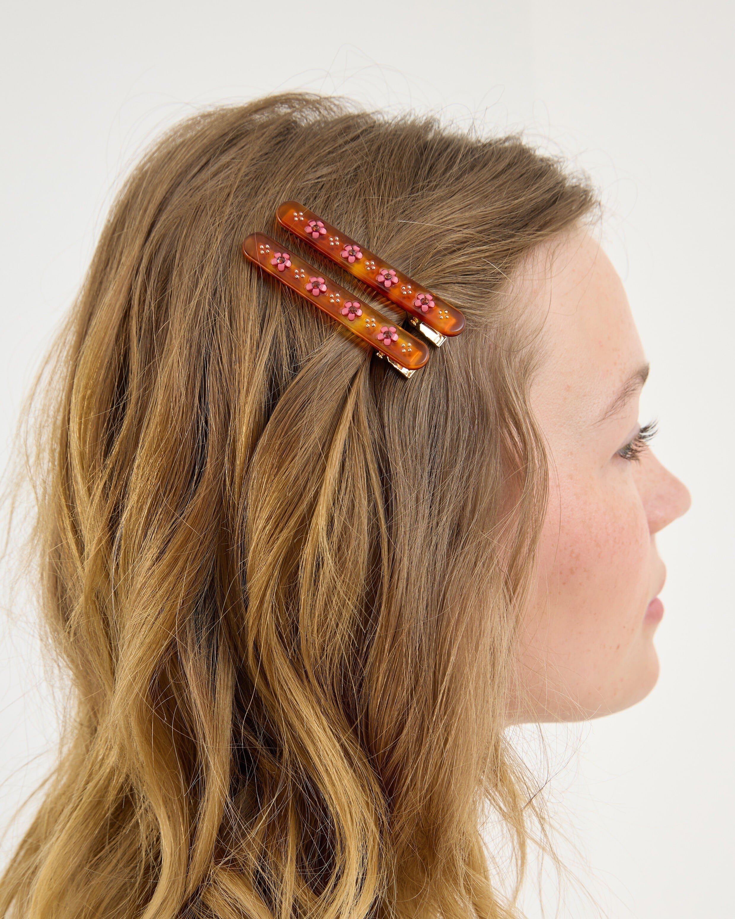 Brigitte Amber Resin Flower Detail Hair Clips Set of Two | Oliver