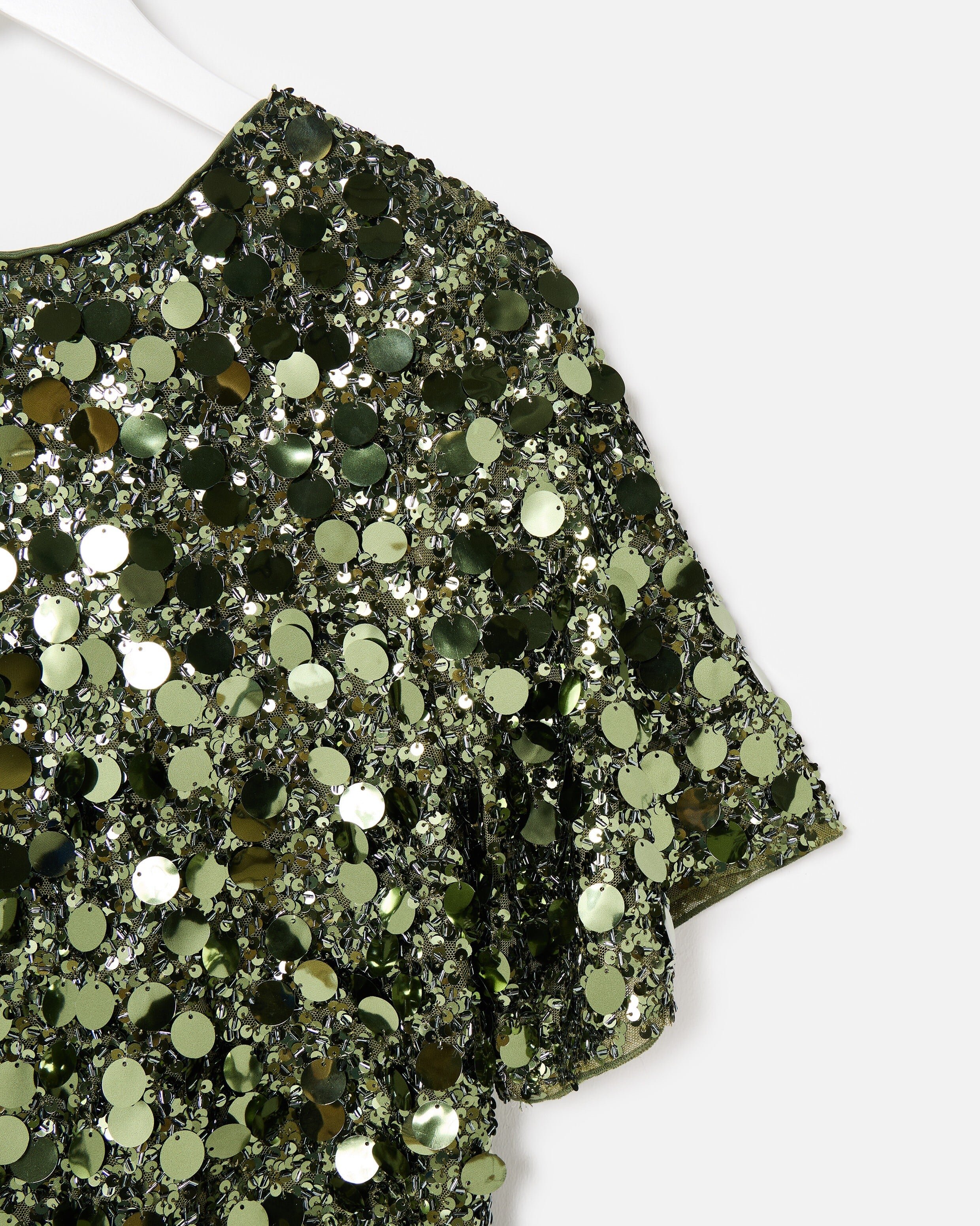 Green Sequin Mini T-Shirt Dress | Oliver Bonas