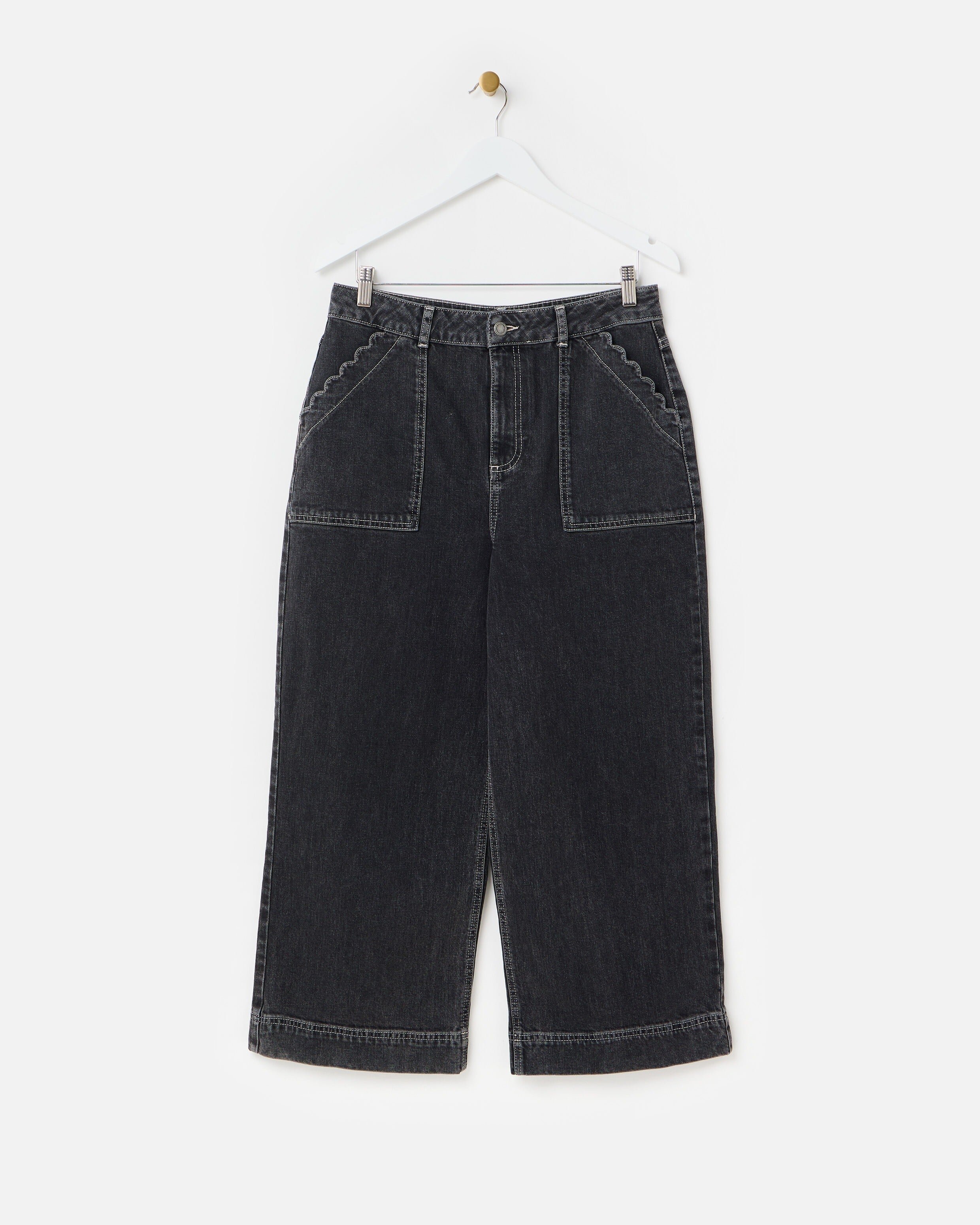 Black Denim Scalloped Pocket Cropped Wide Leg Jeans | Oliver Bonas