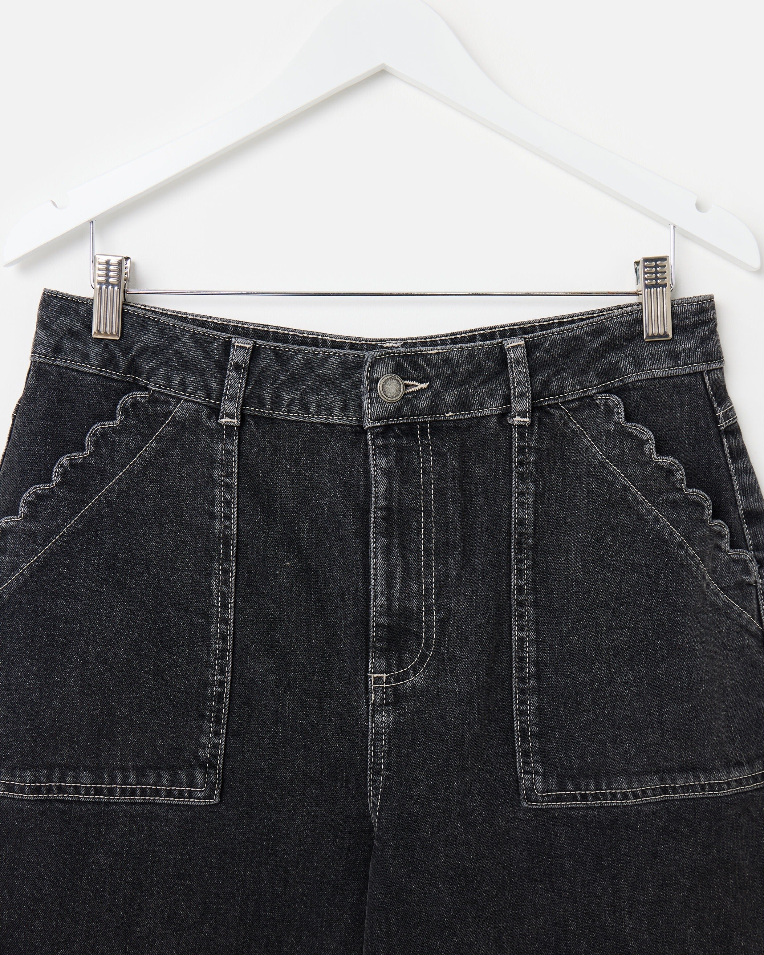 Black Denim Scalloped Pocket Cropped Wide Leg Jeans | Oliver Bonas
