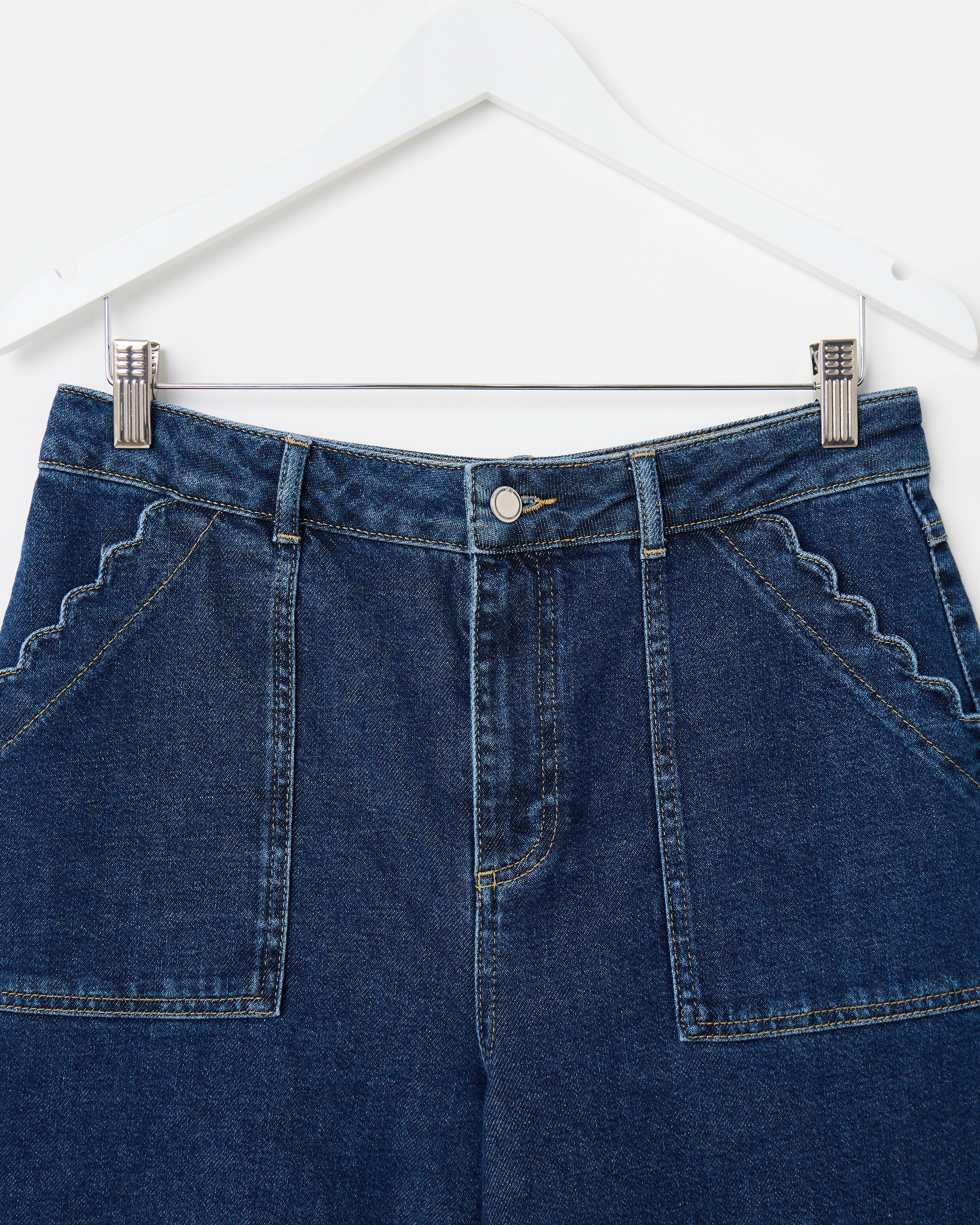 Mid Blue Denim Scalloped Pocket Cropped Wide Leg Jeans | Oliver Bonas