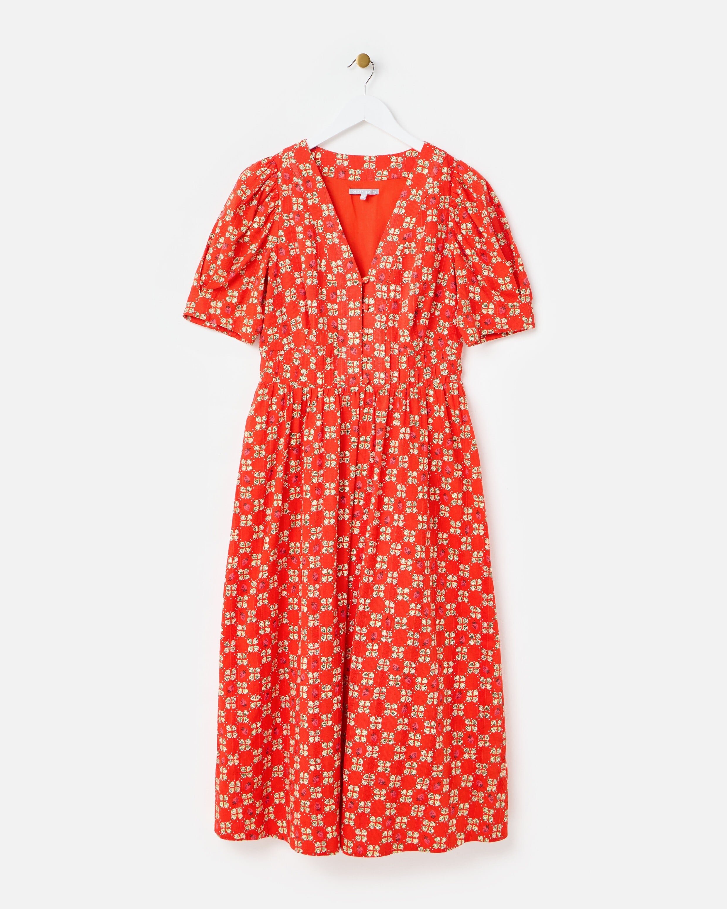 Red Strawberry V-Neck Puff Sleeve Midi Dress | Oliver Bonas