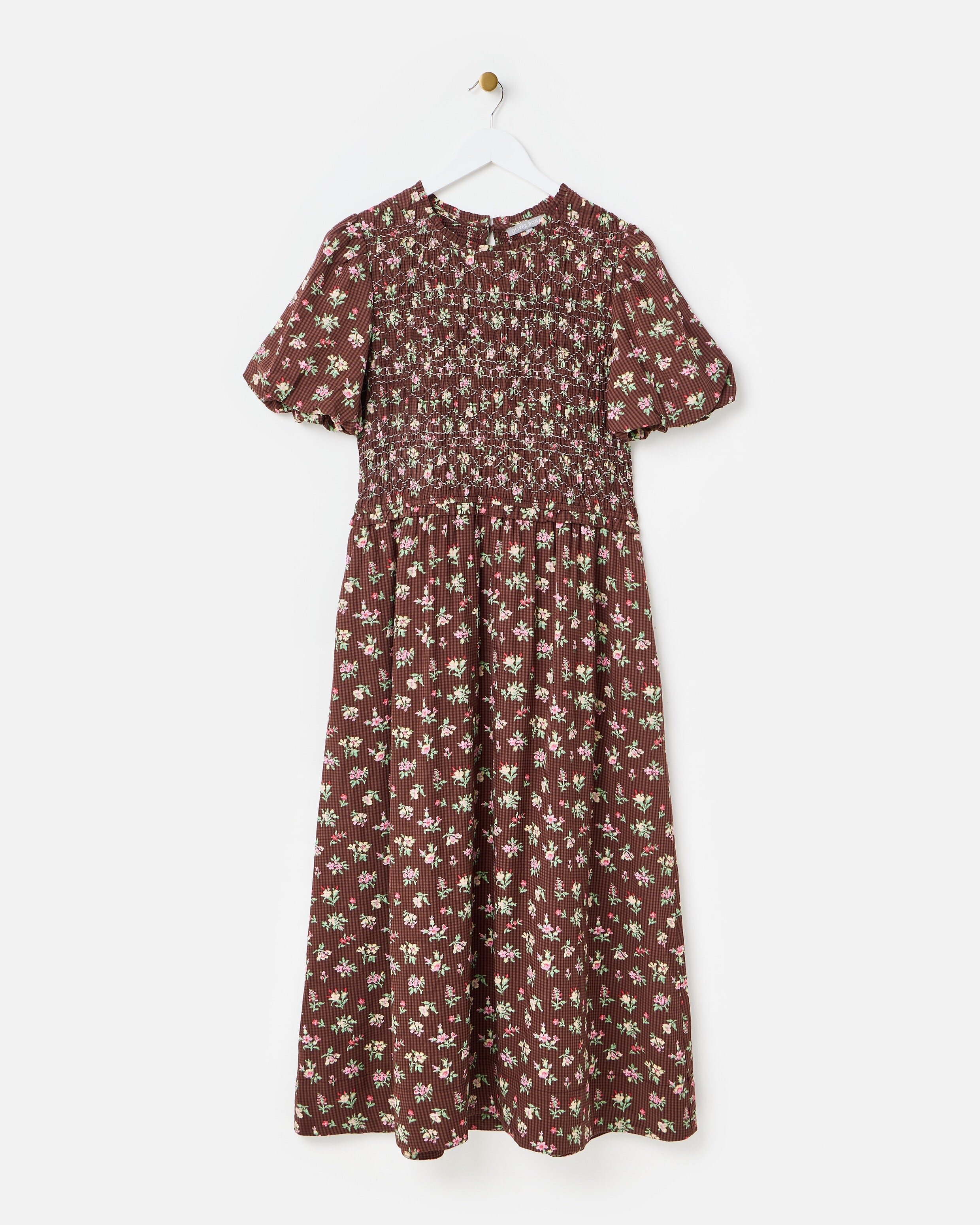 Chocolate Brown Gingham Floral Shirred Bodice Midi Dress | Oliver Bonas