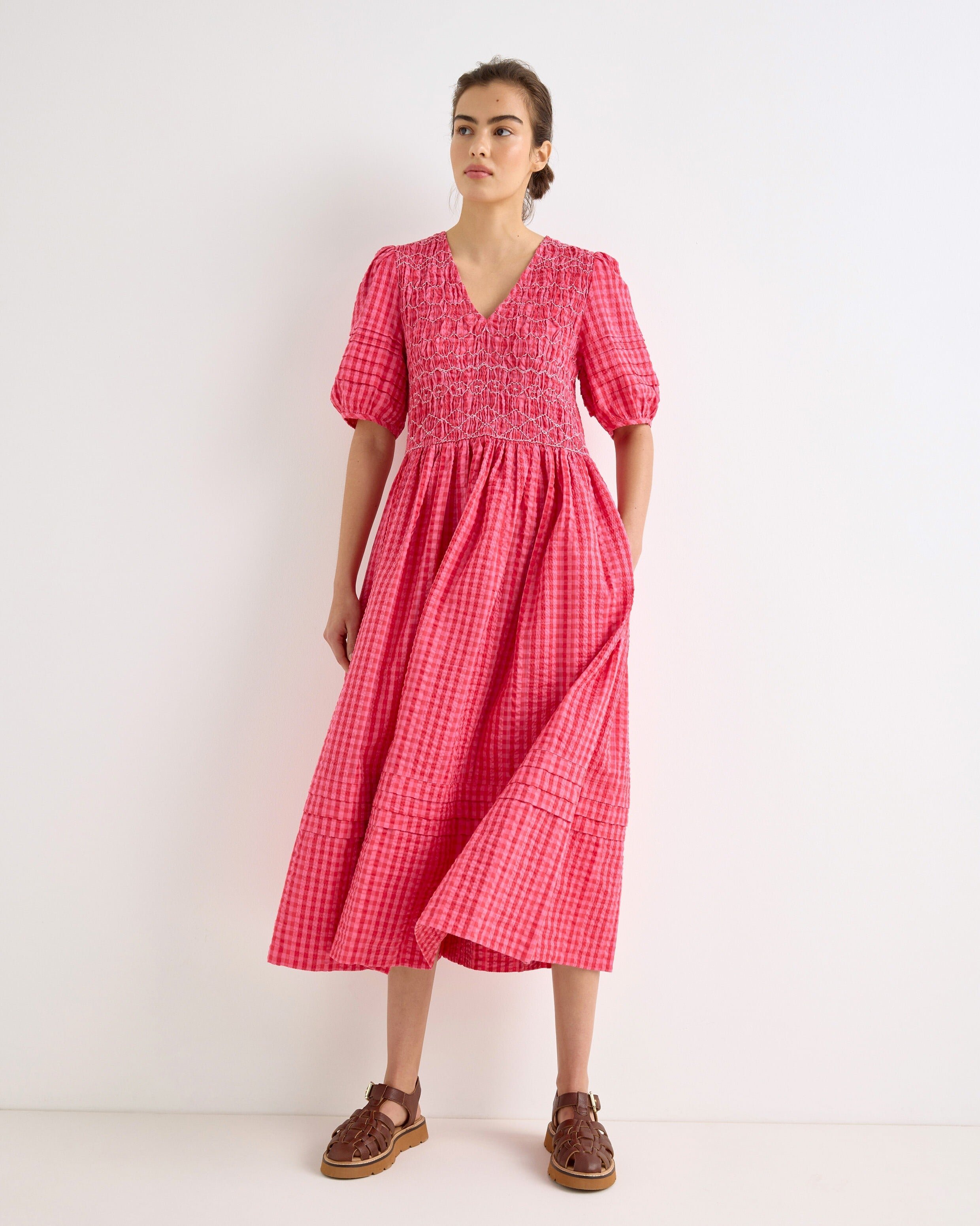 strapless open back dress Red Gingham Button Through Dropped Waist Midi Dress main image 1