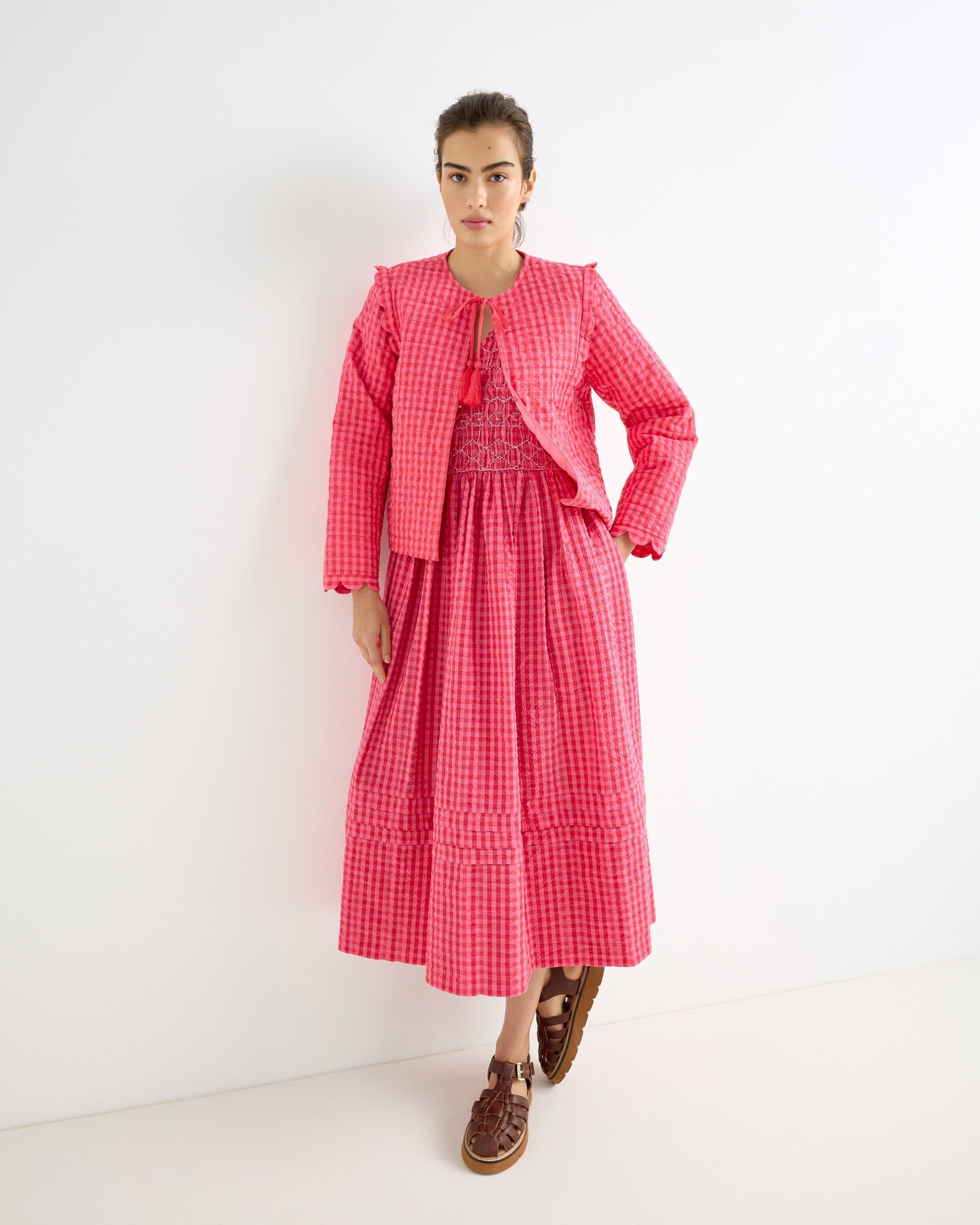 knee length dresses for ladies Black Gingham Shirred Leah Midi Dress main image 0