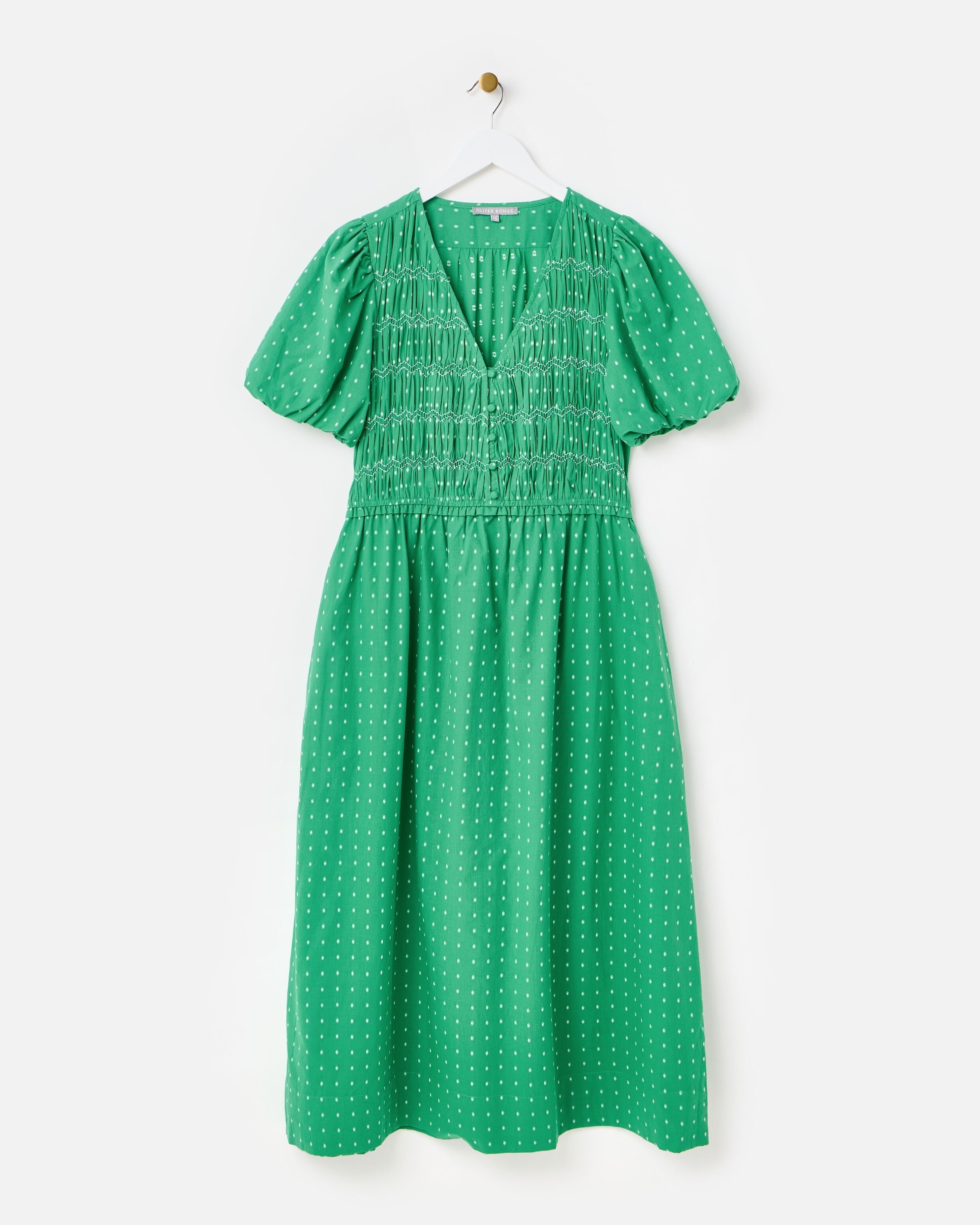 Green Dobby Polka Dot V-Neck Puff Sleeve Midi Dress | Oliver Bonas Green Dobby Polka Dot V-Neck Puff Sleeve Midi Dress | Oliver Bonas