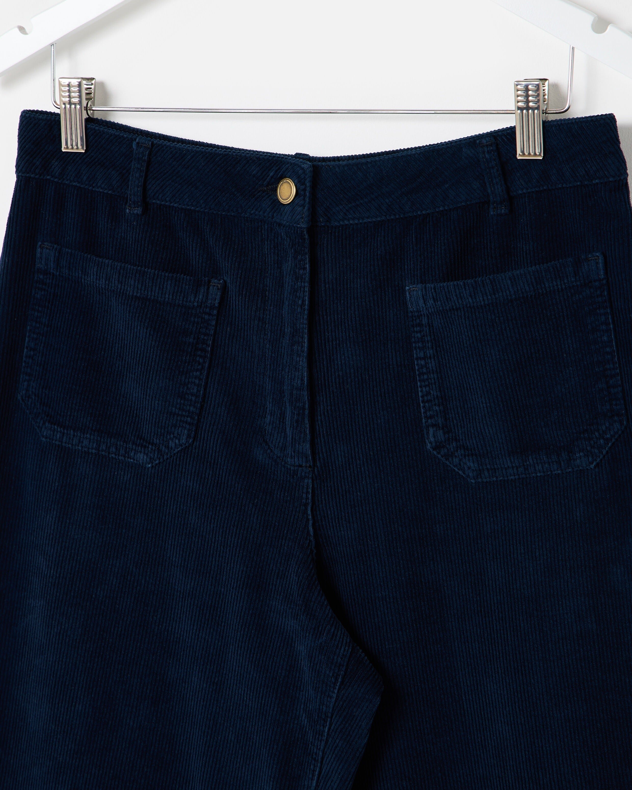 Navy Blue Corduroy Cropped Wide Leg Trousers | Oliver Bonas