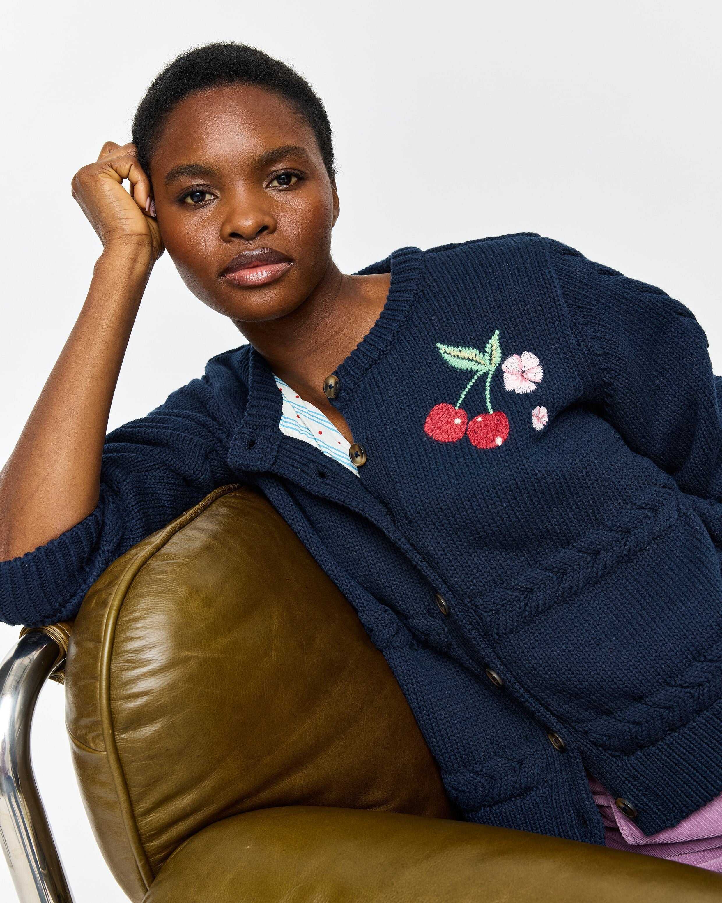 Navy Blue Cherry Embroidered Lined Knitted Jacket | Oliver Bonas