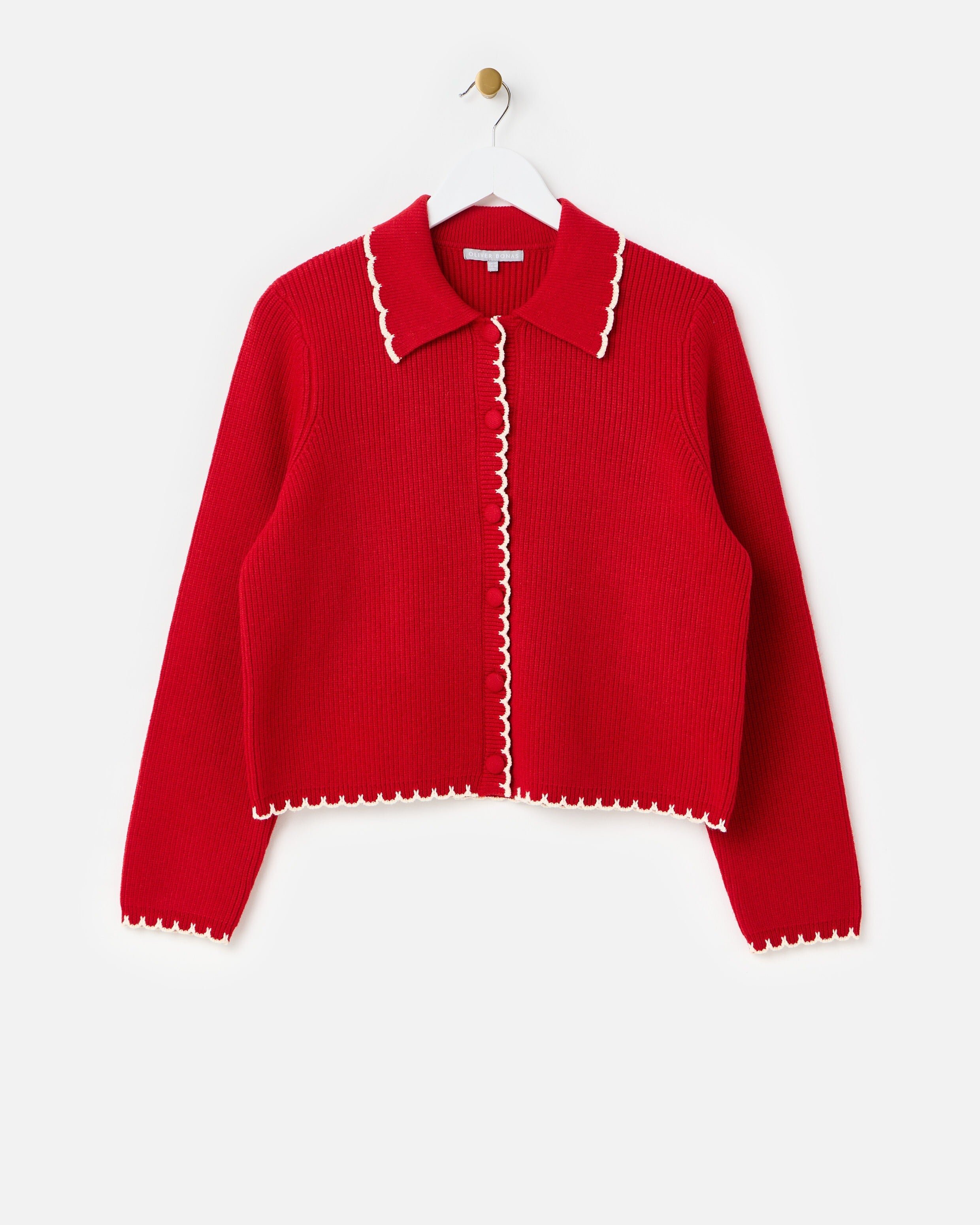 Red & White Blanket Stitch Collared Knitted Cardigan