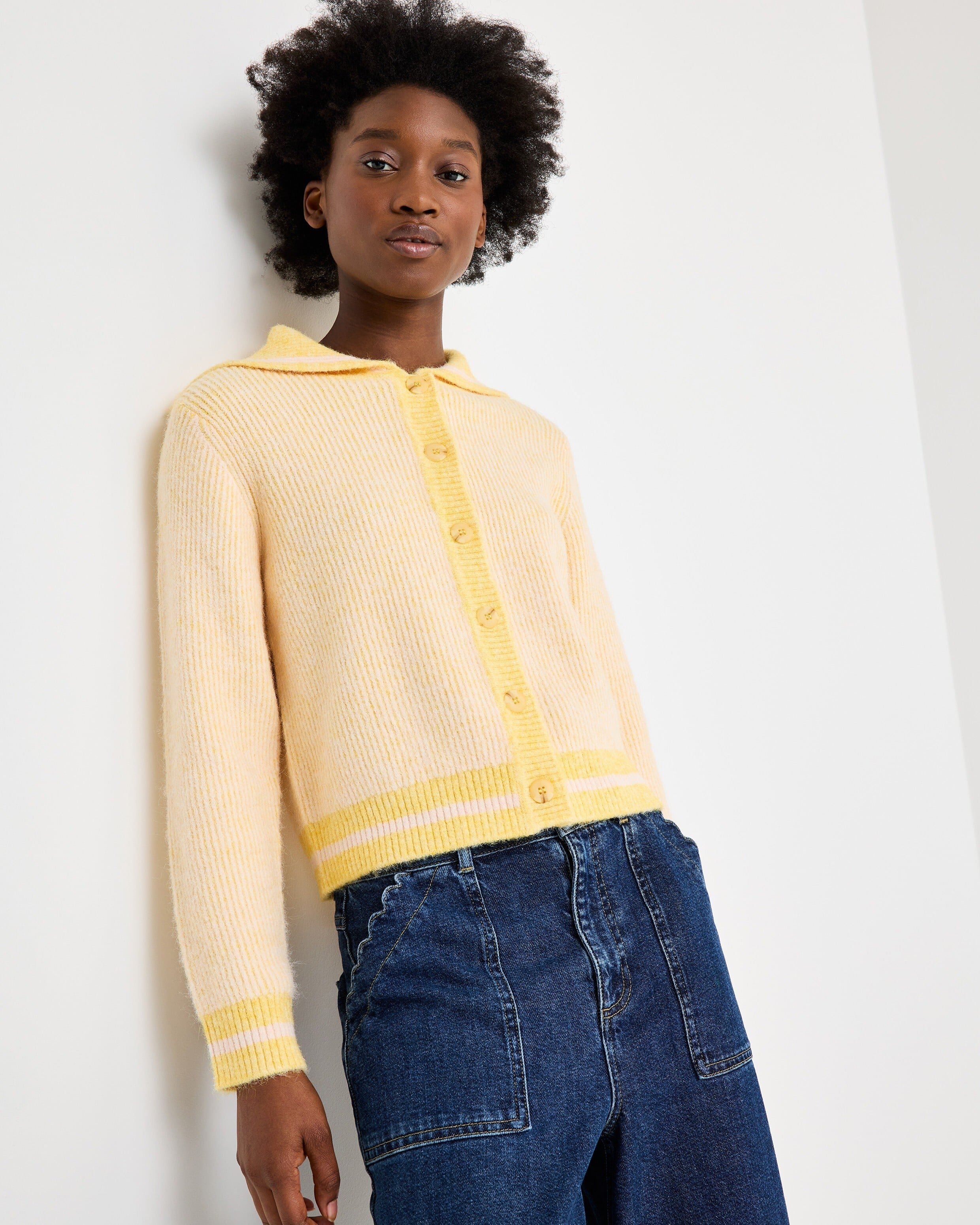 Yellow Button Up Sailor Collar Knitted Cardigan | Oliver Bonas