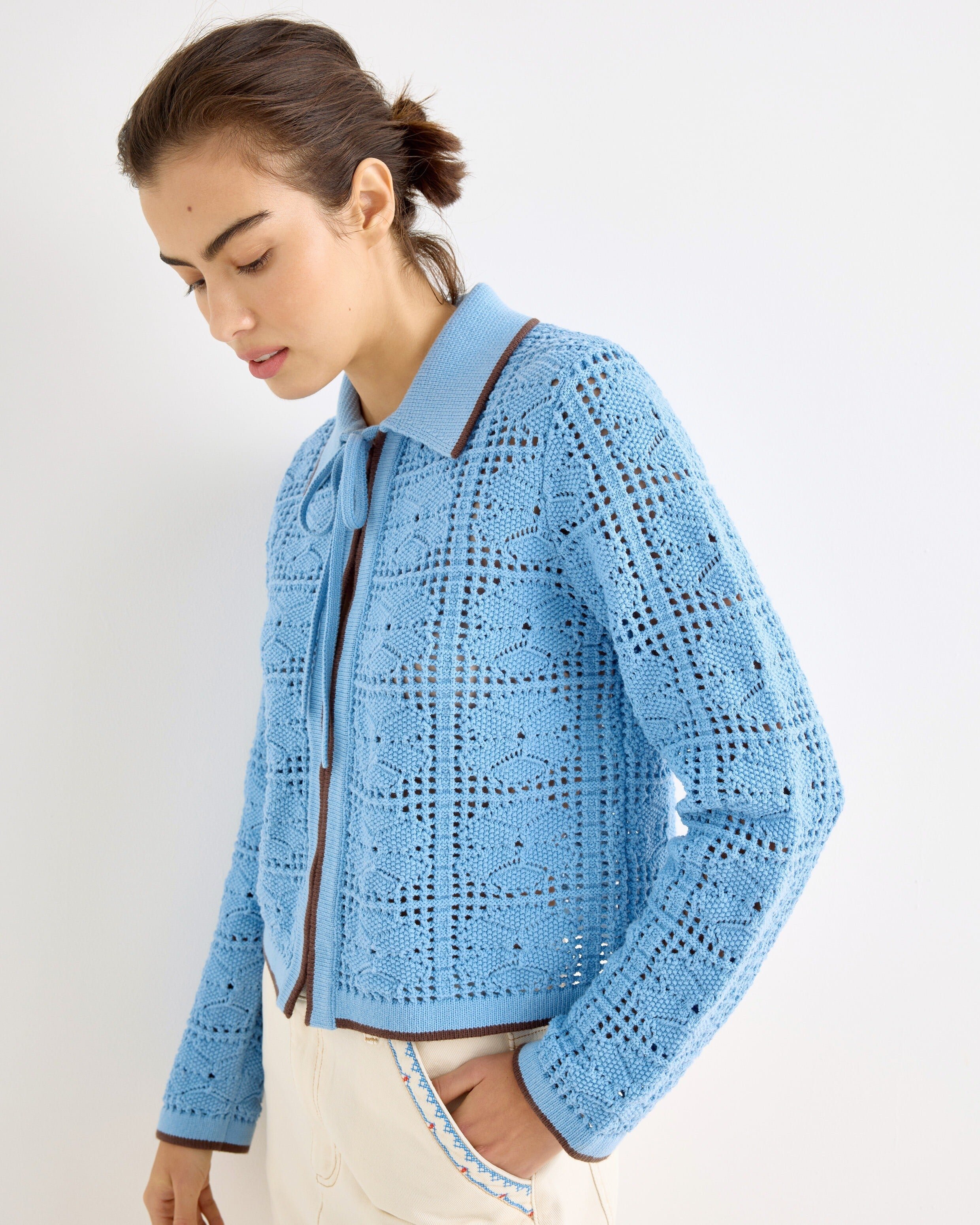 Blue Collared Tie Front Crochet Cardigan | Oliver Bonas