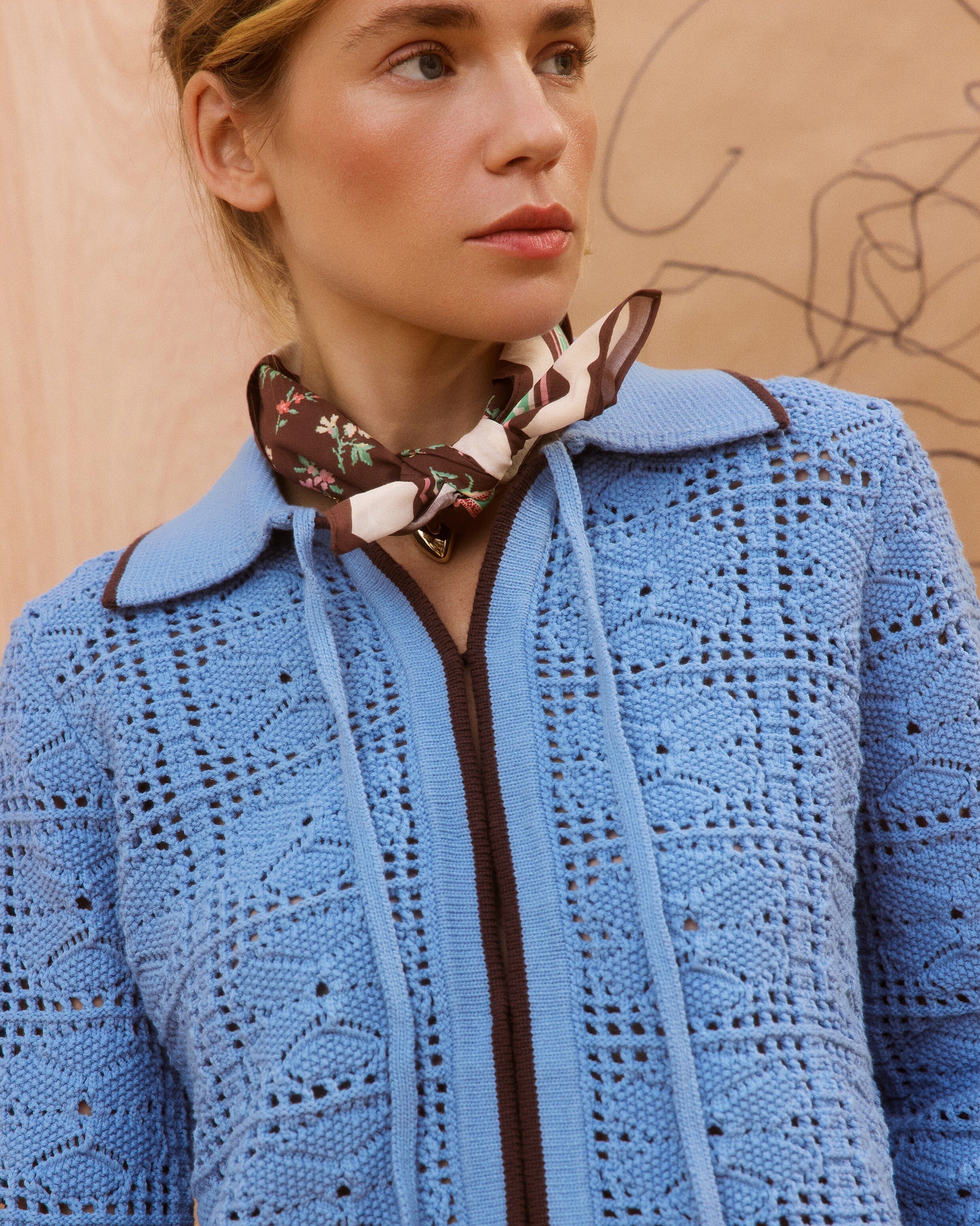 Blue Collared Tie Front Crochet Cardigan | Oliver Bonas