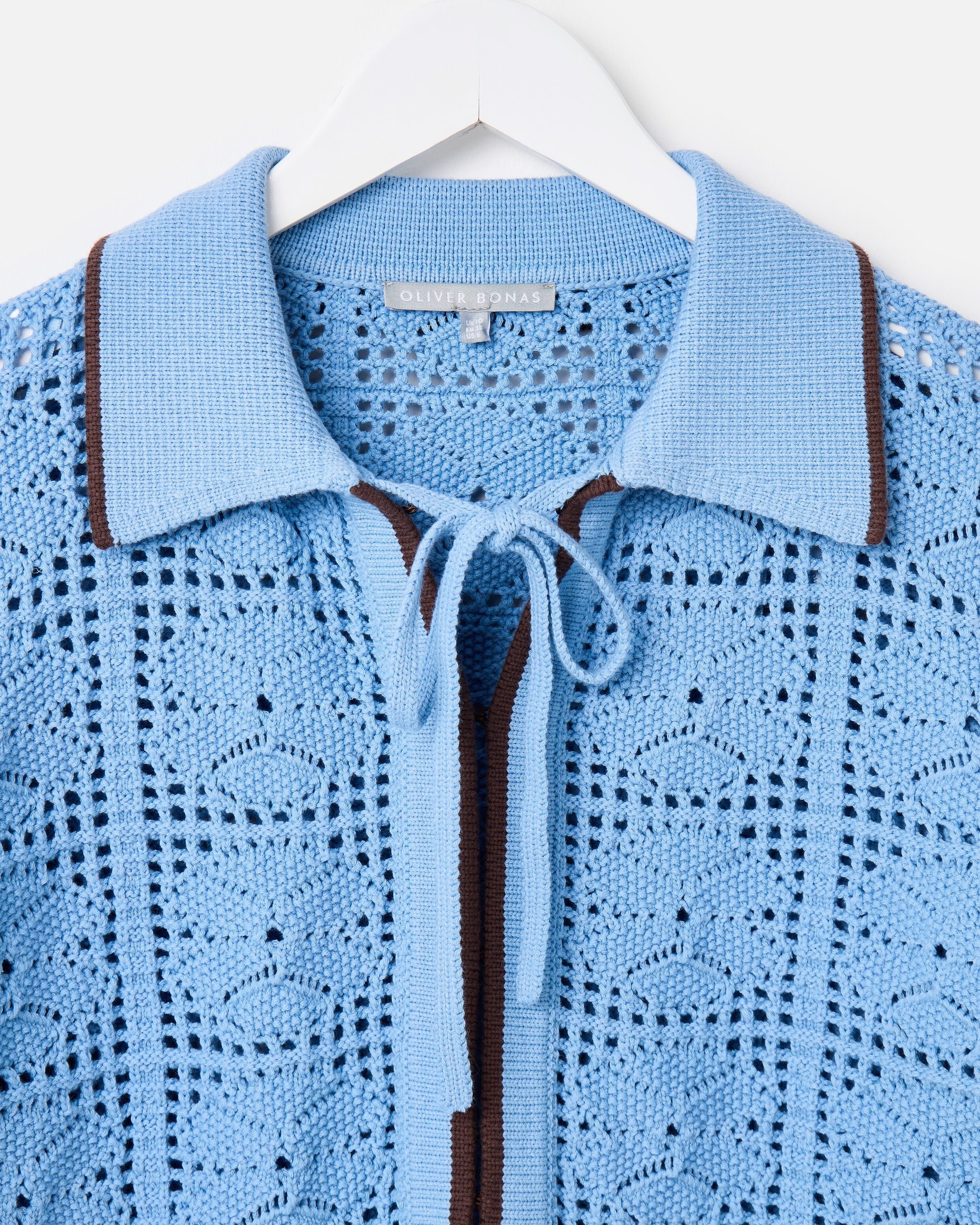 Blue Collared Tie Front Crochet Cardigan | Oliver Bonas