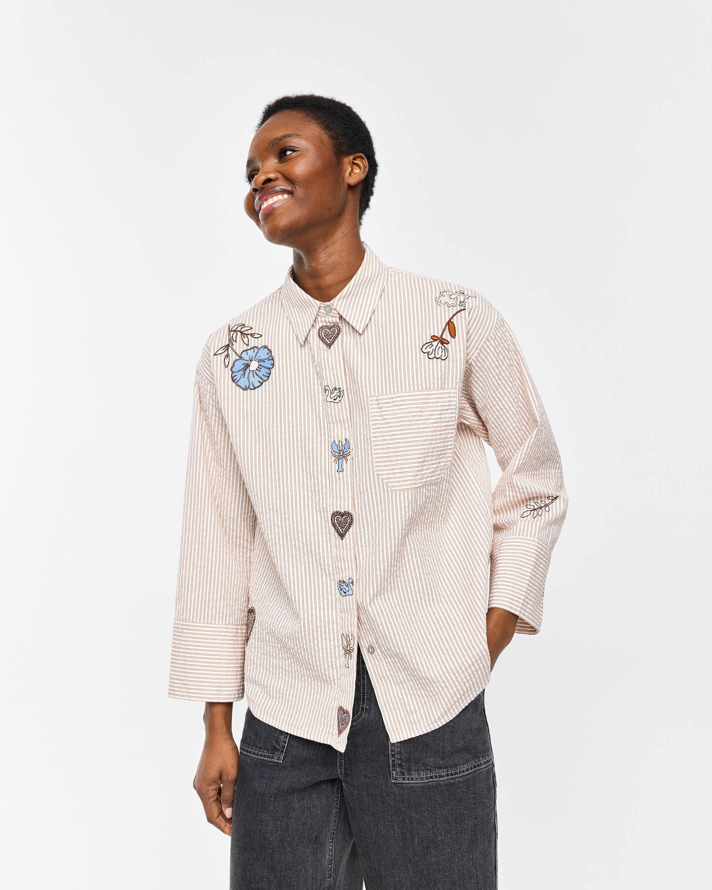 CABBAGES&ROSES  ハトリー ブラウス Brown & White Striped Embroidered Wide Cuff Shirt | Oliver Bonas