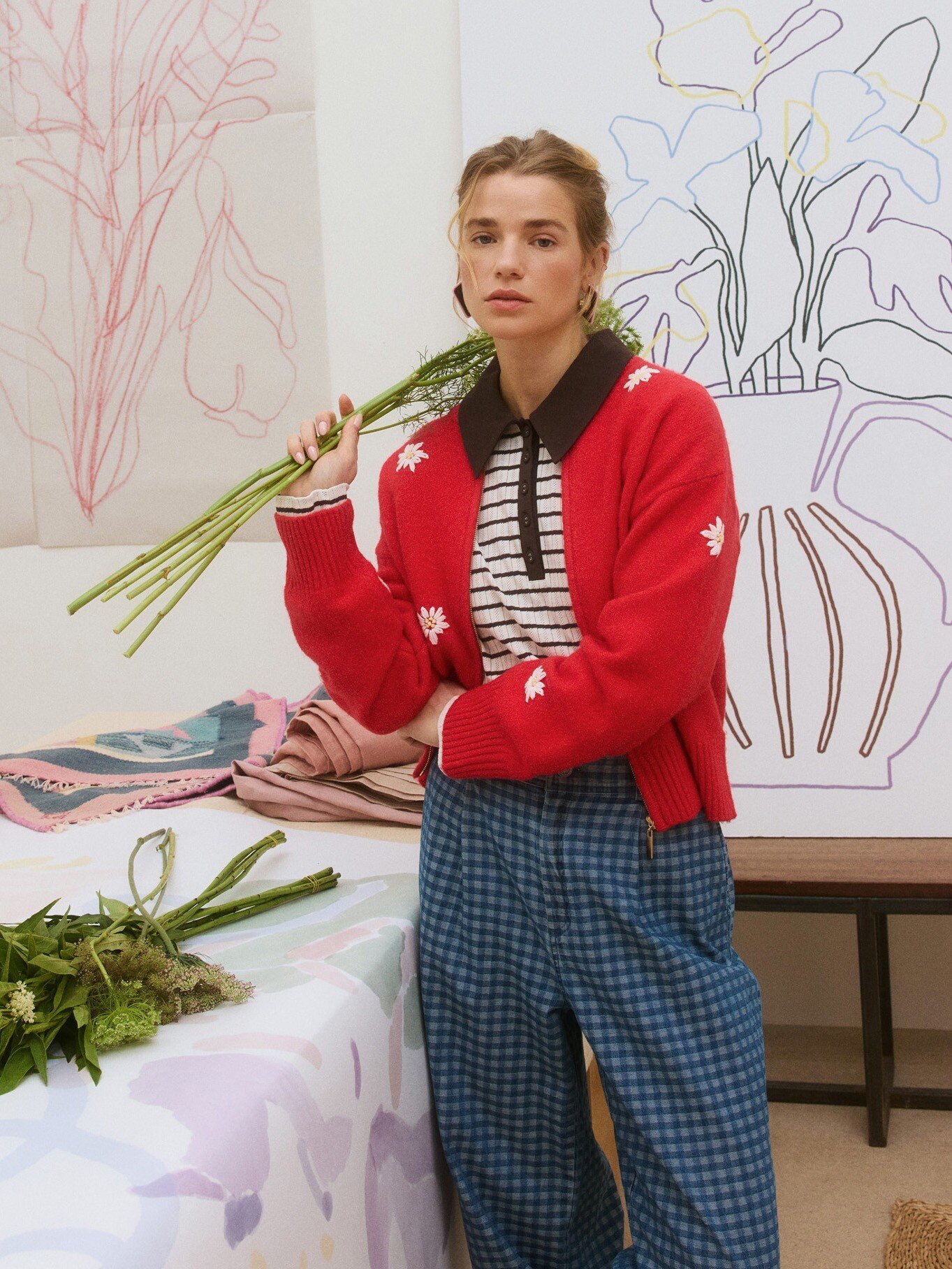 Red Daisy Embroidered Zip Up Knitted Bomber Jacket | Oliver Bonas