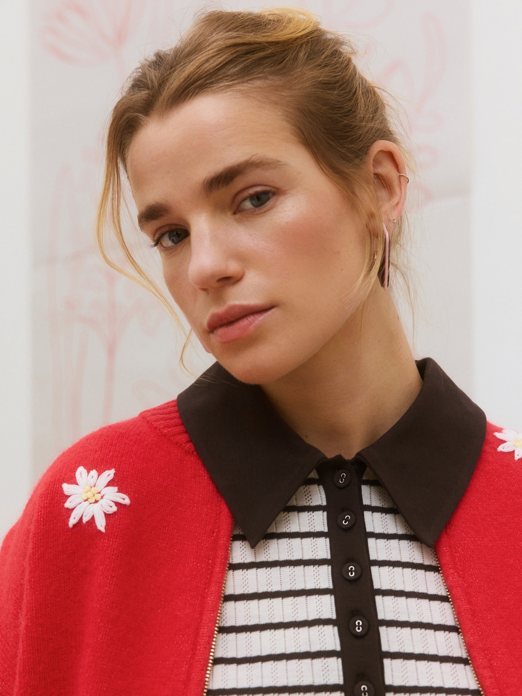 Red Daisy Embroidered Zip Up Knitted Bomber Jacket | Oliver Bonas