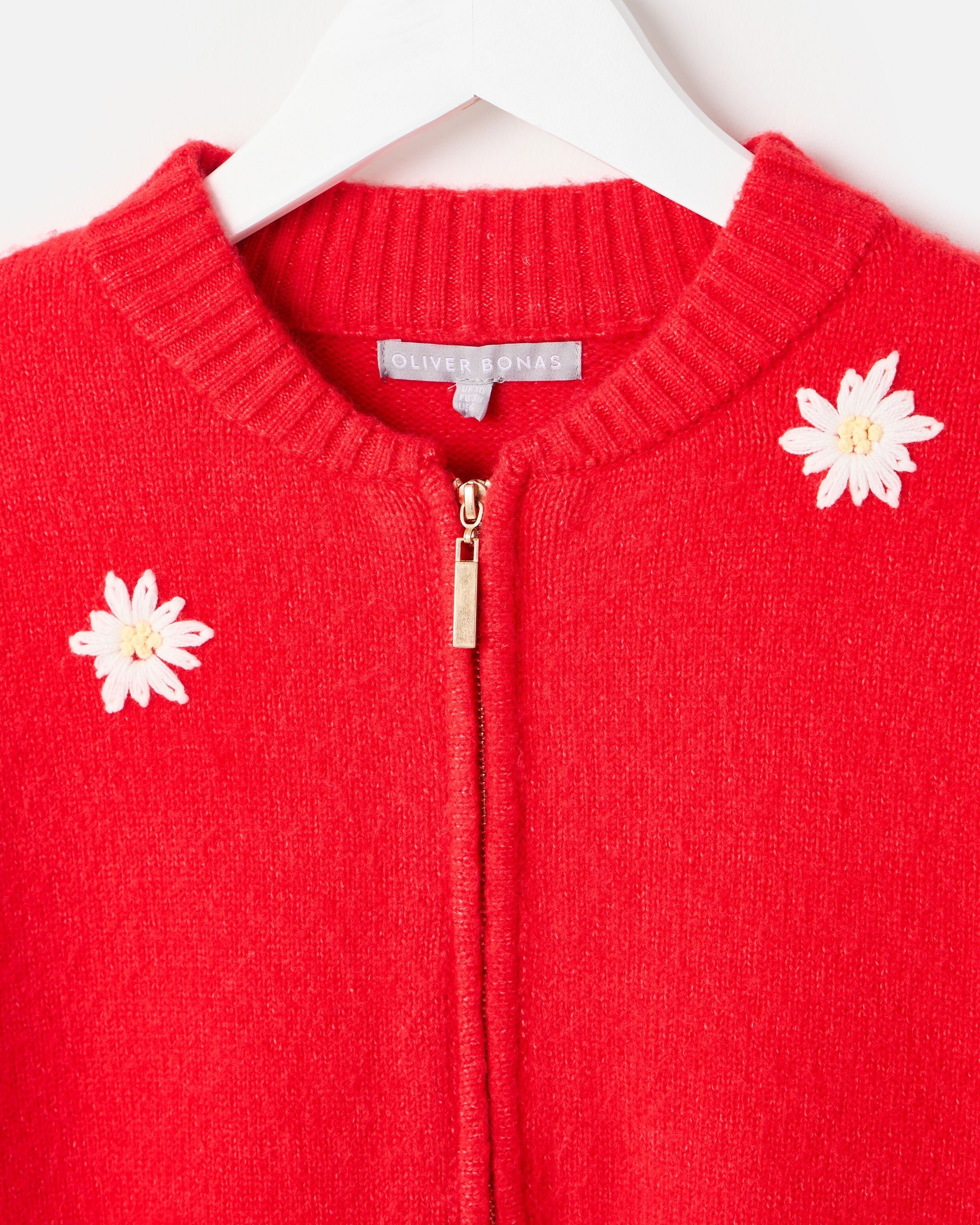 Red Daisy Embroidered Zip Up Knitted Bomber Jacket | Oliver Bonas