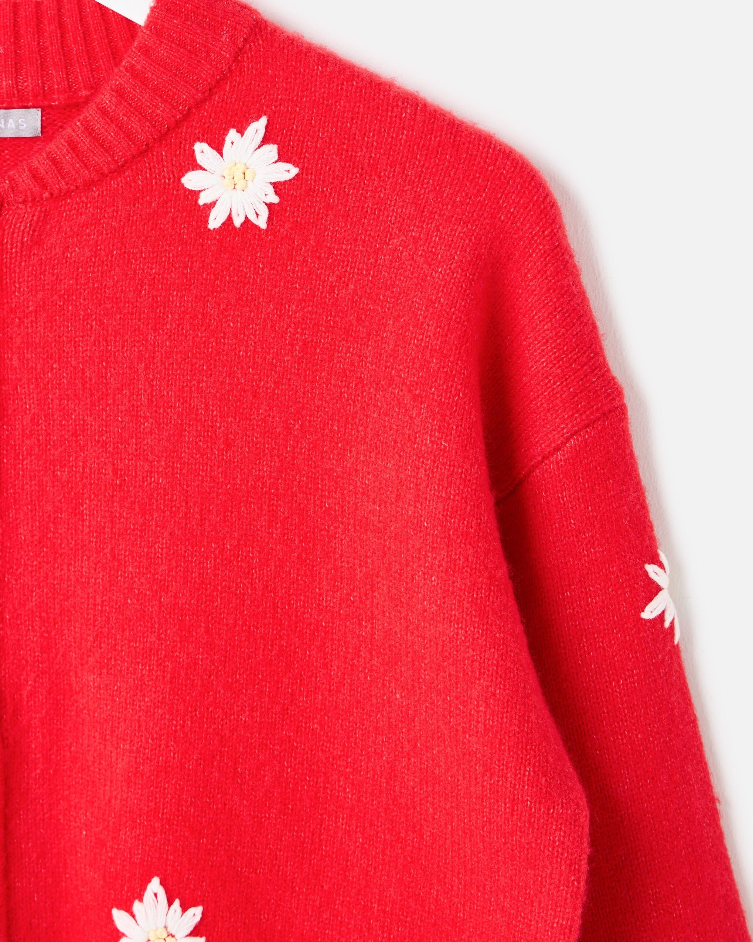 Red Daisy Embroidered Zip Up Knitted Bomber Jacket | Oliver Bonas