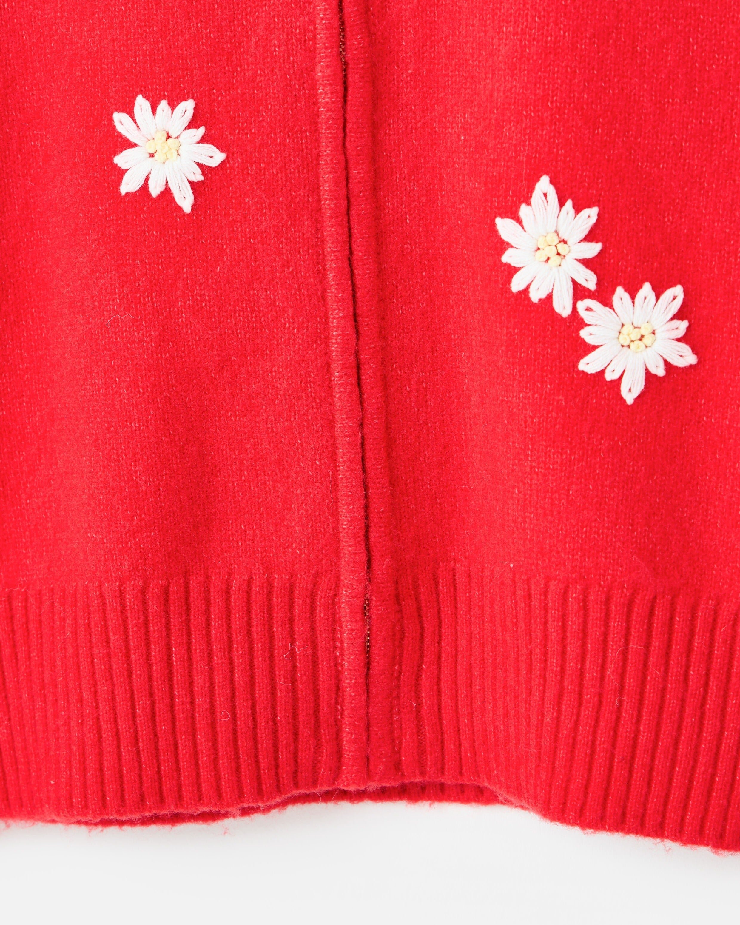 Red Daisy Embroidered Zip Up Knitted Bomber Jacket | Oliver Bonas