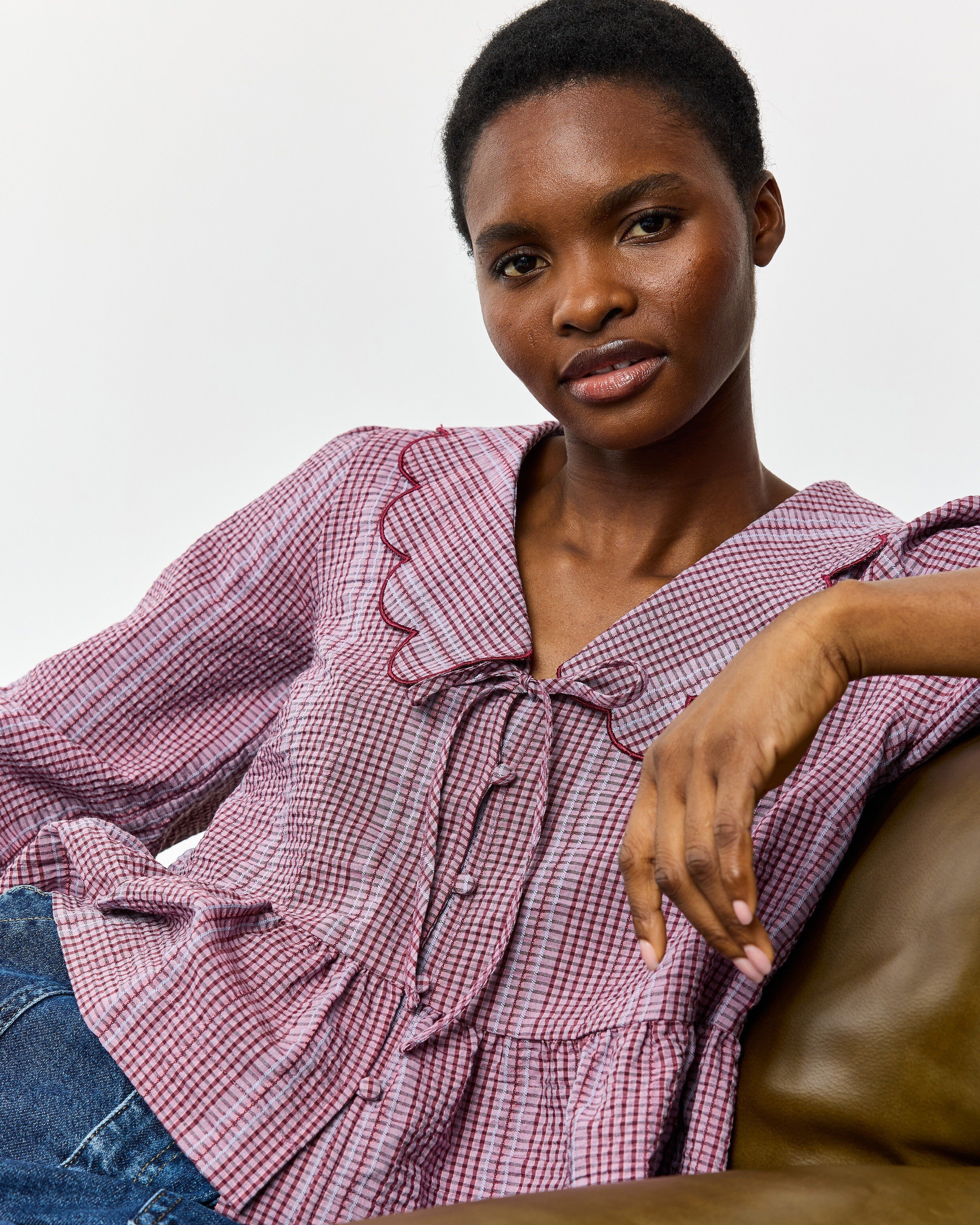 Burgundy Gingham Scalloped Collar Tie Front Blouse | Oliver Bonas